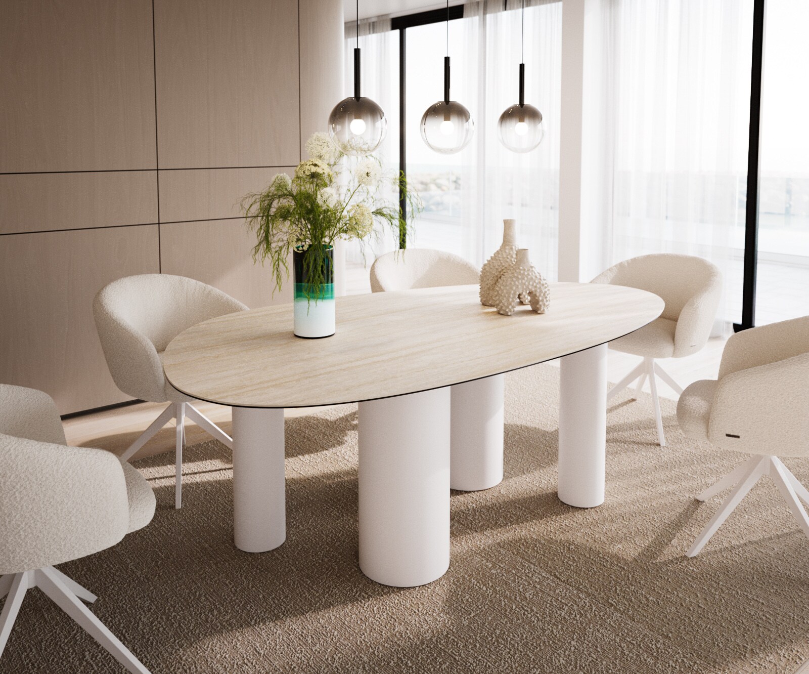 Table à manger Edge Ovale 220x120 Céramique Laminam®Travertino Bianco Crème-Blanc ​Pilier Métal Blanc