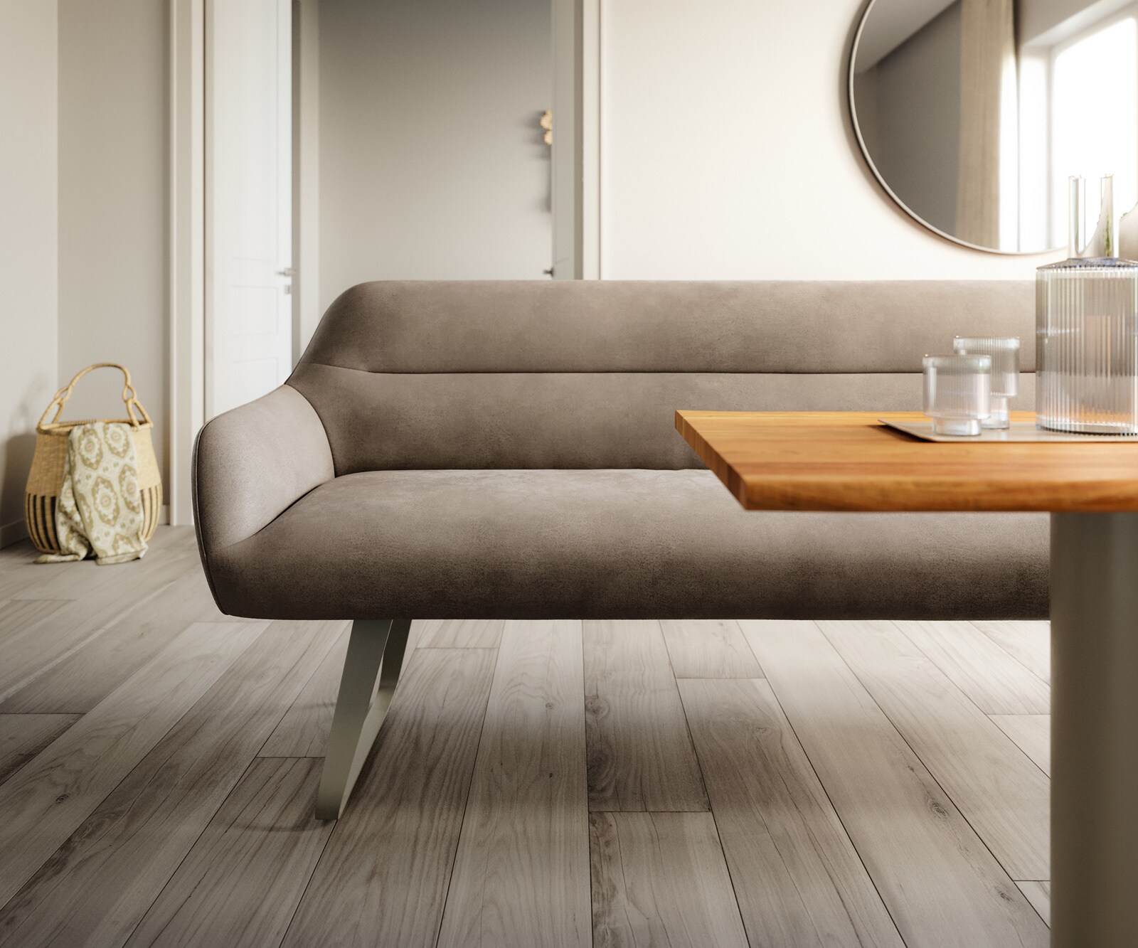Esszimmerbank Taya-Flex 200 cm Mikrofaser Taupe Vintage Kufengestell flach Effektfinish Titan Taschenfederkern 1
