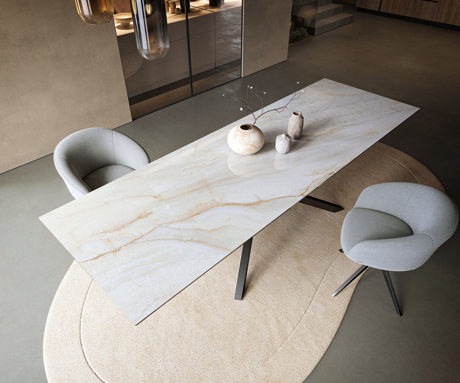 Table à manger Edge 300x100 cm céramique Onyx Pearl piètement croisé rectangulaire inox graphite 3