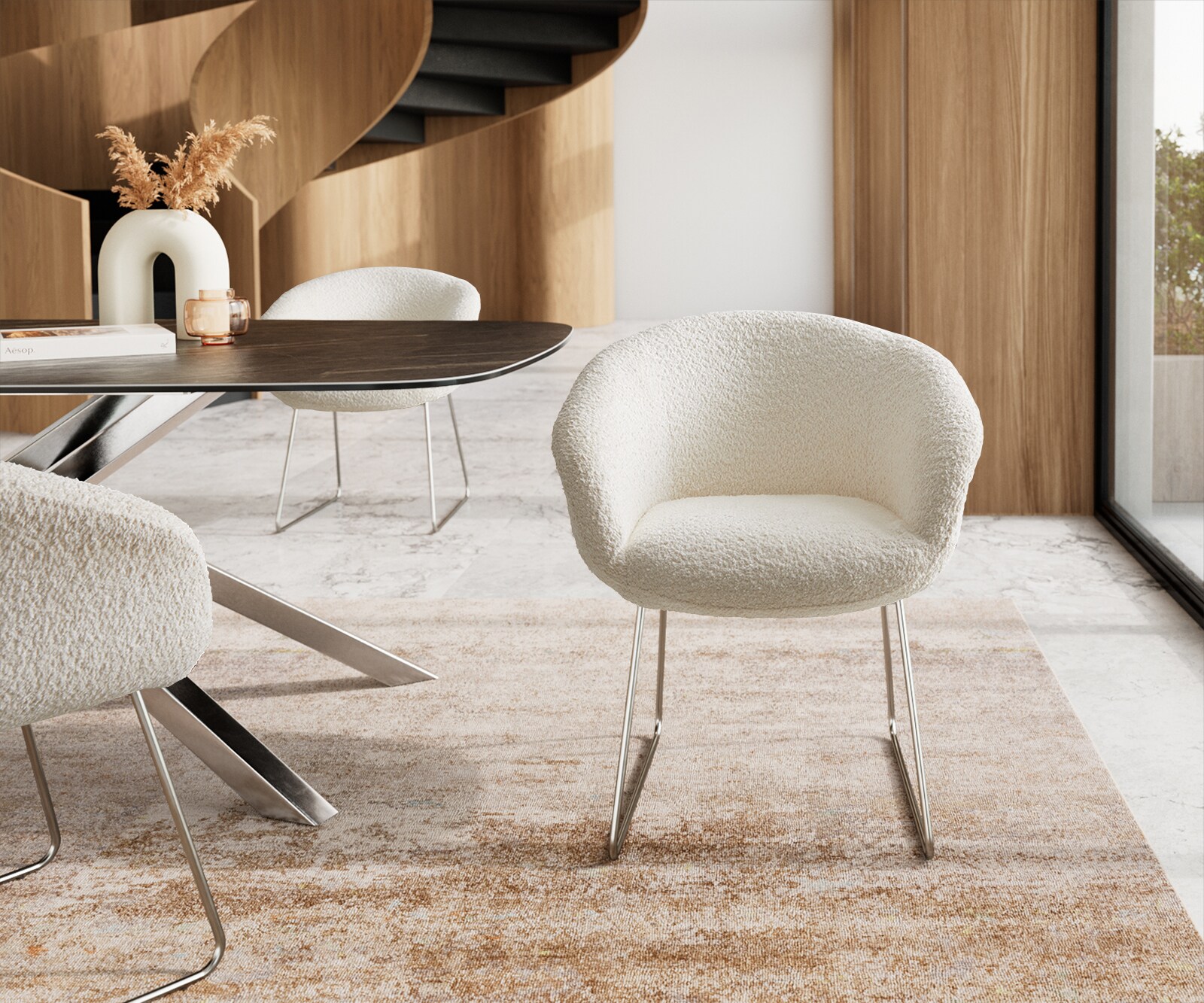 Chaise-de-salle-à-manger Vinka-Flex avec accoudoirs bouclé blanc pied trapèze acier inoxydable brossé ressorts ensachés 1