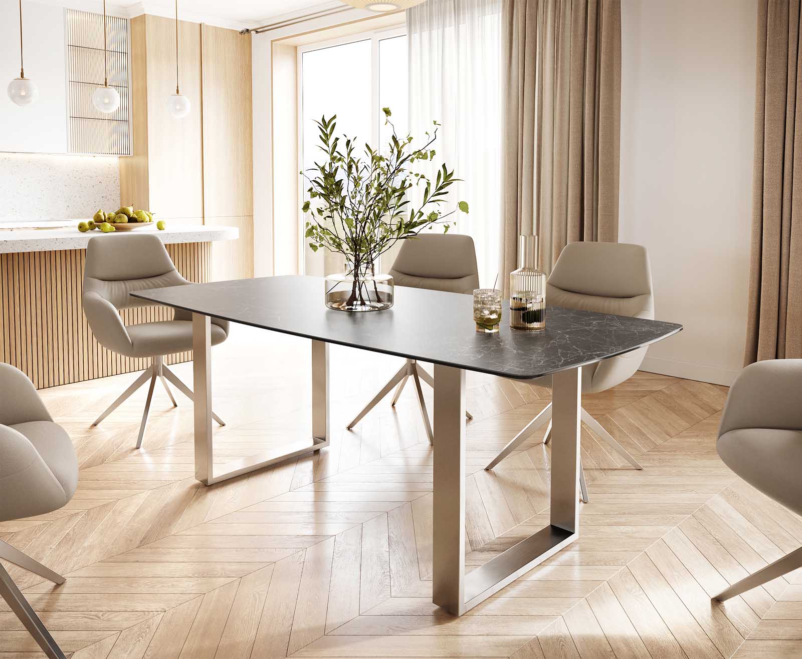 Table-à-manger Edge forme Boot 200x100 céramique Laminam® nero greco gris inox étroit Table-à-manger Edge forme Boot 200x100 céramique Laminam® nero greco gris inox étroit