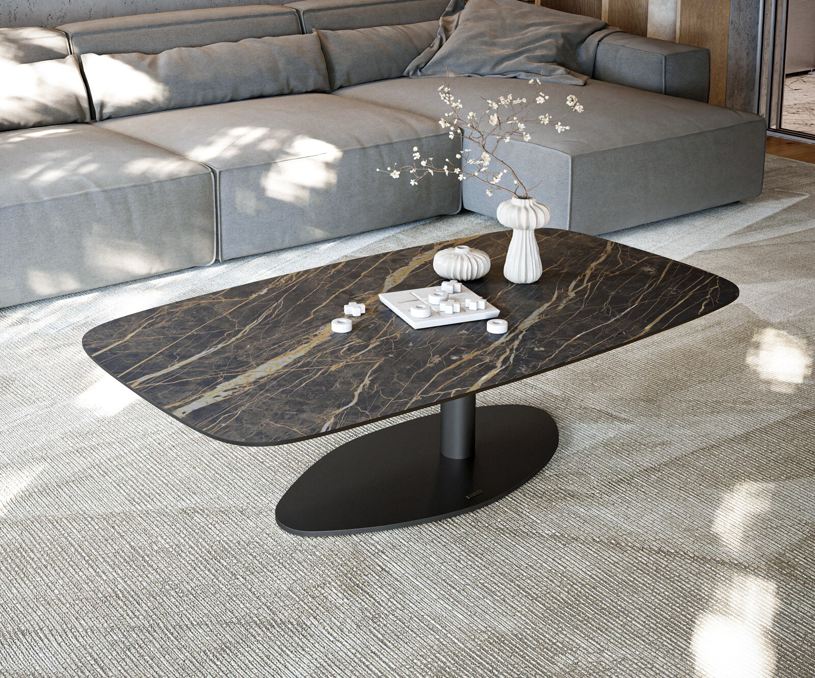 Couchtisch Edge Boot 140x80 cm Keramik Laminam® Noir Desir Braun Vibany Metall Schwarz 1