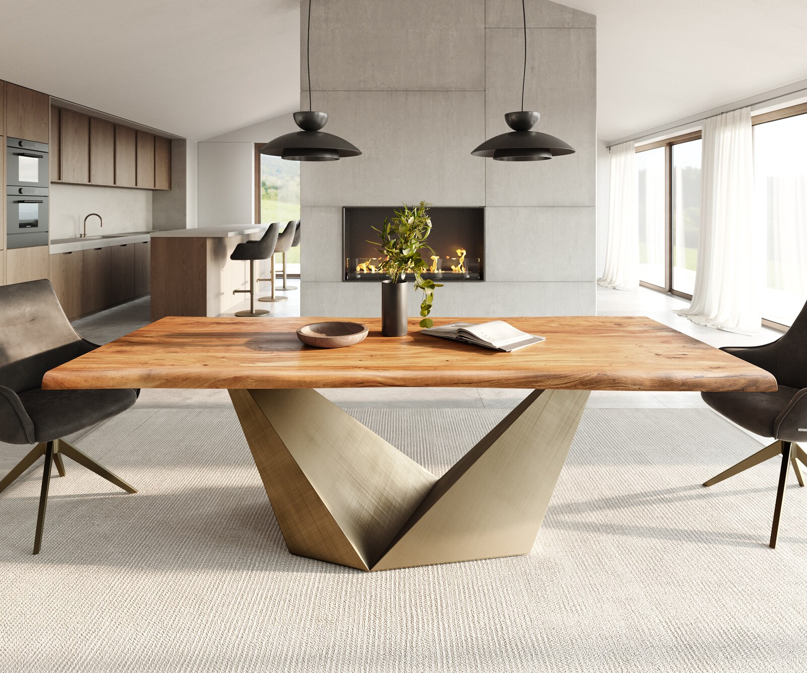 Table à manger Edge 240x100 acacia naturee Prisma métallique doré Live-Edge 2