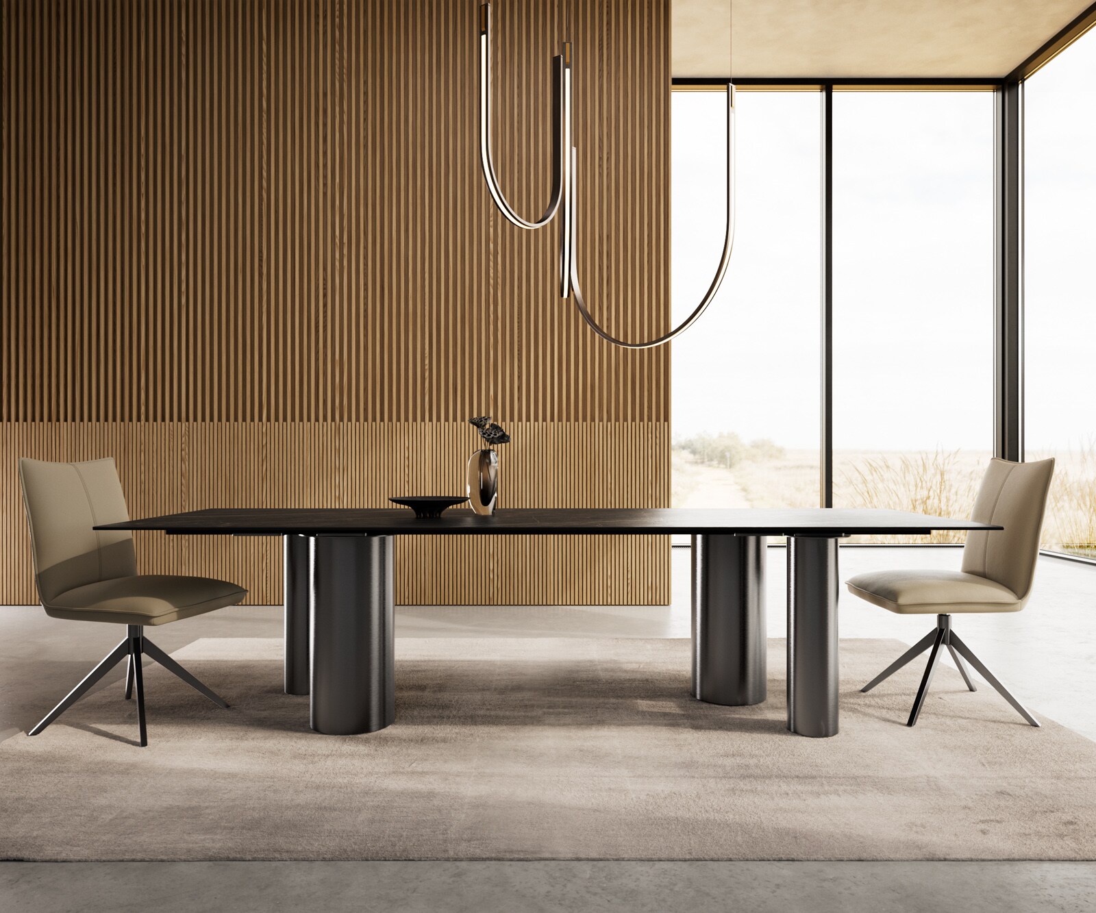 Esstisch Edge 300x100 Keramik Laminam®Noir Desir Braun Pilier Edelstahl Graphit 2