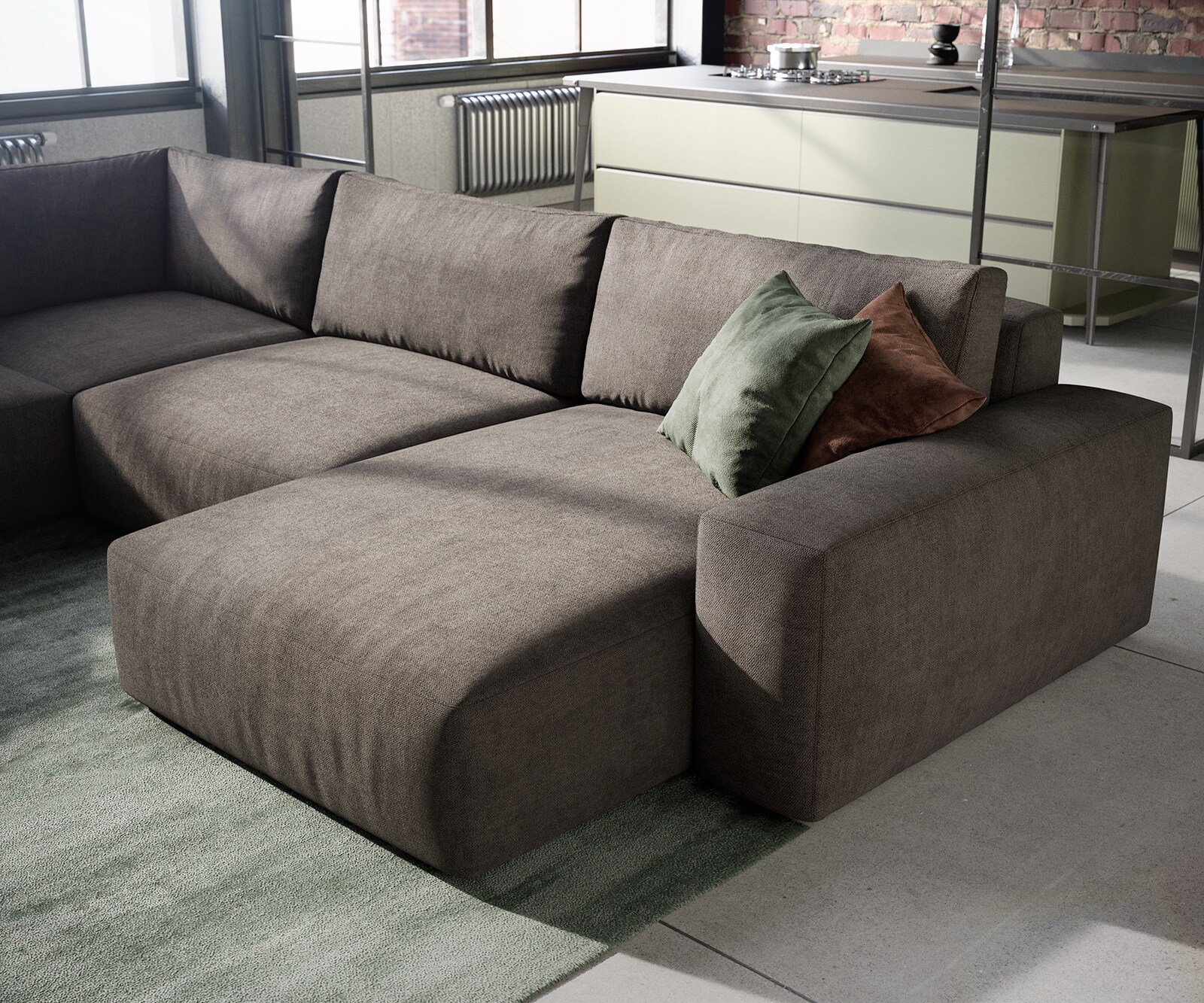 Wohnlandschaft Lanzo XL 360x260 cm Mikrofaser Khakibraun Recamiere variabel 4