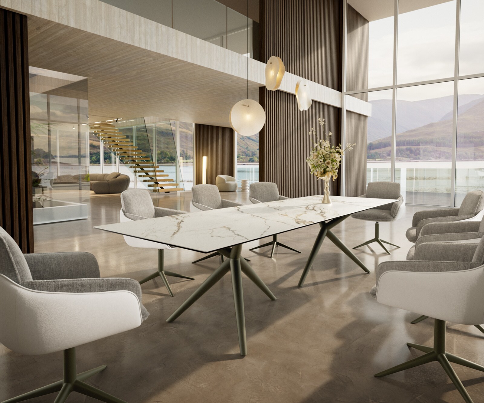 Esstisch Edge 300x100 Keramik Calacatta Luxe Weiß-Gold-Grau Estelar rund Metall Effektfinish Titan 5