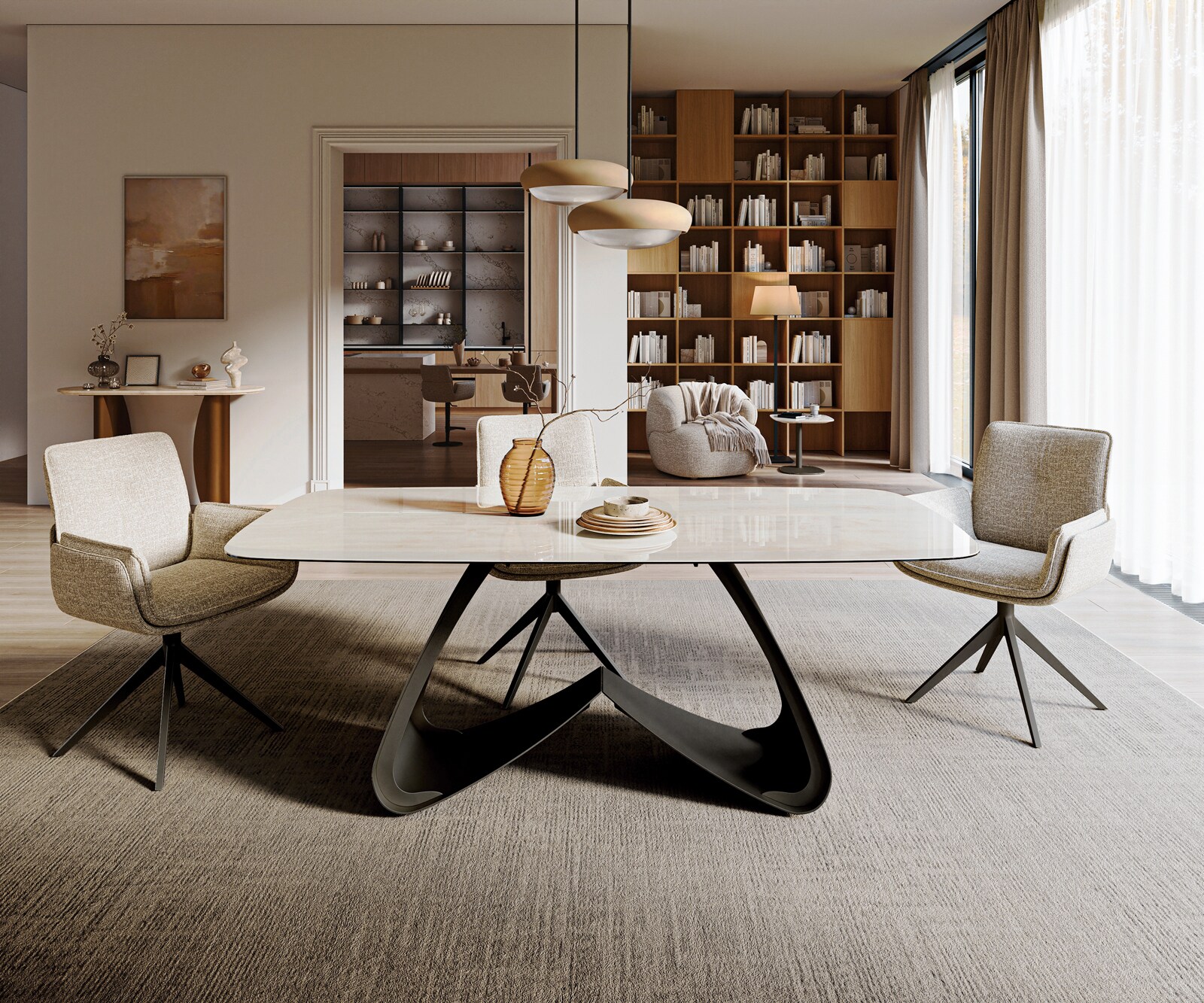 Esstisch Edge Boot 200x100 cm Keramik Onyx Champagne W-Gestell Metall Schwarz 1