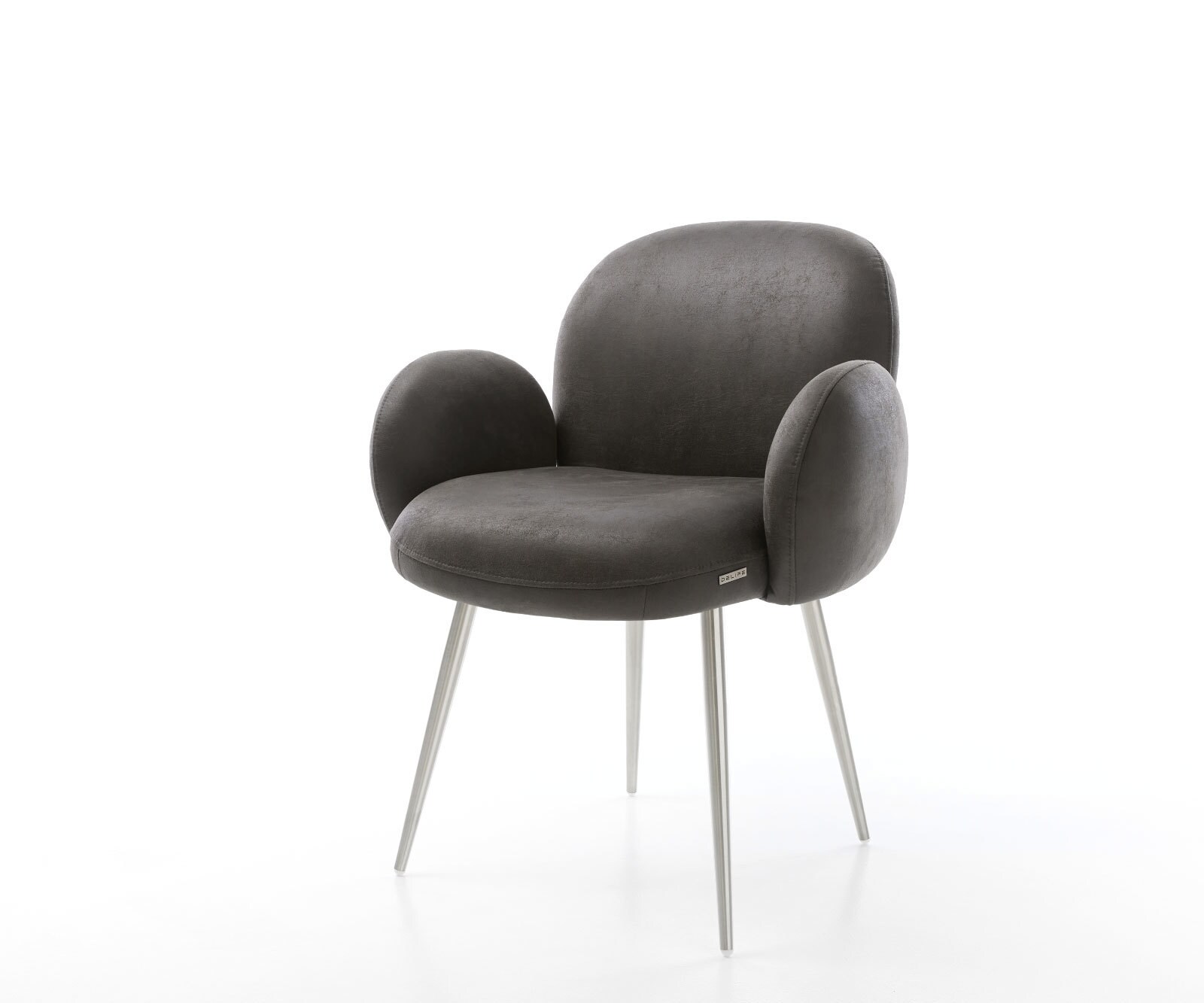 Chaise-de-salle-à-manger Nube-Flex avec accoudoirs microvelours anthracite vintage 4 pieds coniques acier inoxydable brossé ressorts ensachés 1