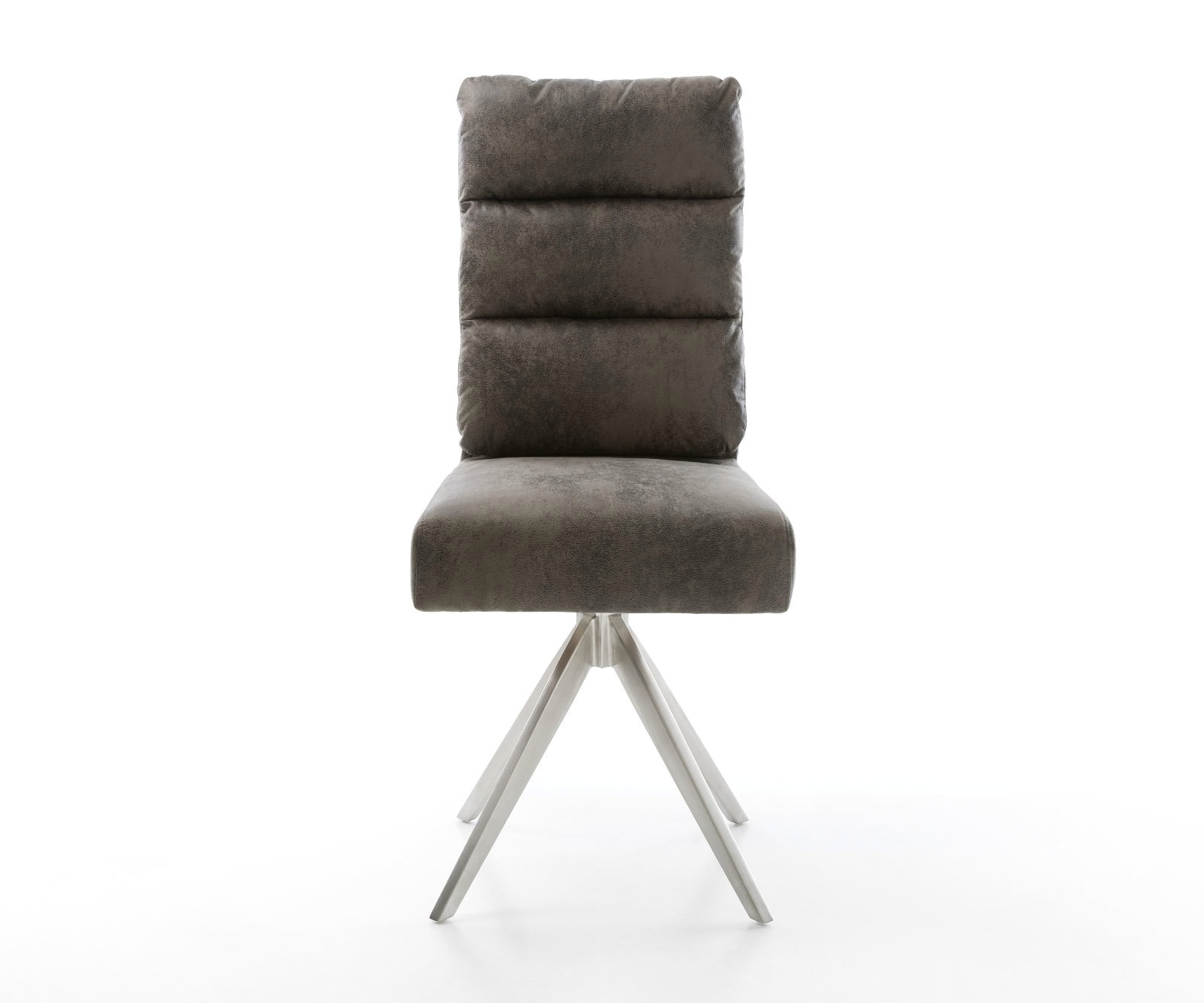 Chaise-de-salle-à-manger Pela-Flex microvelours gris antique pied croisé angulaire acier inoxydable brossé ressorts ensachés 2