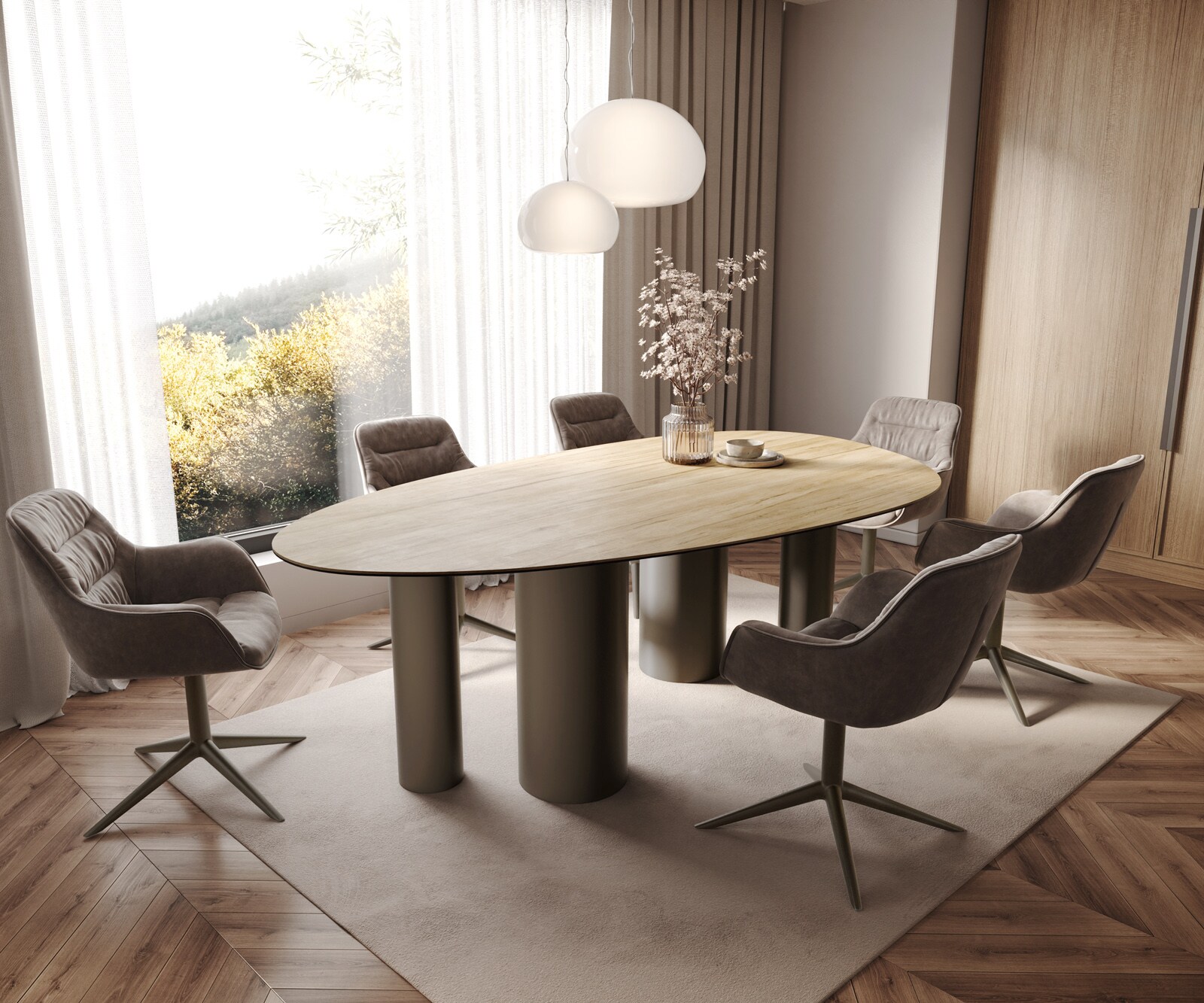 Esstisch Edge Oval 220x120 Keramik Laminam® Sabbia Eichefarbig Pilier Metall Effektfinish Titan 6