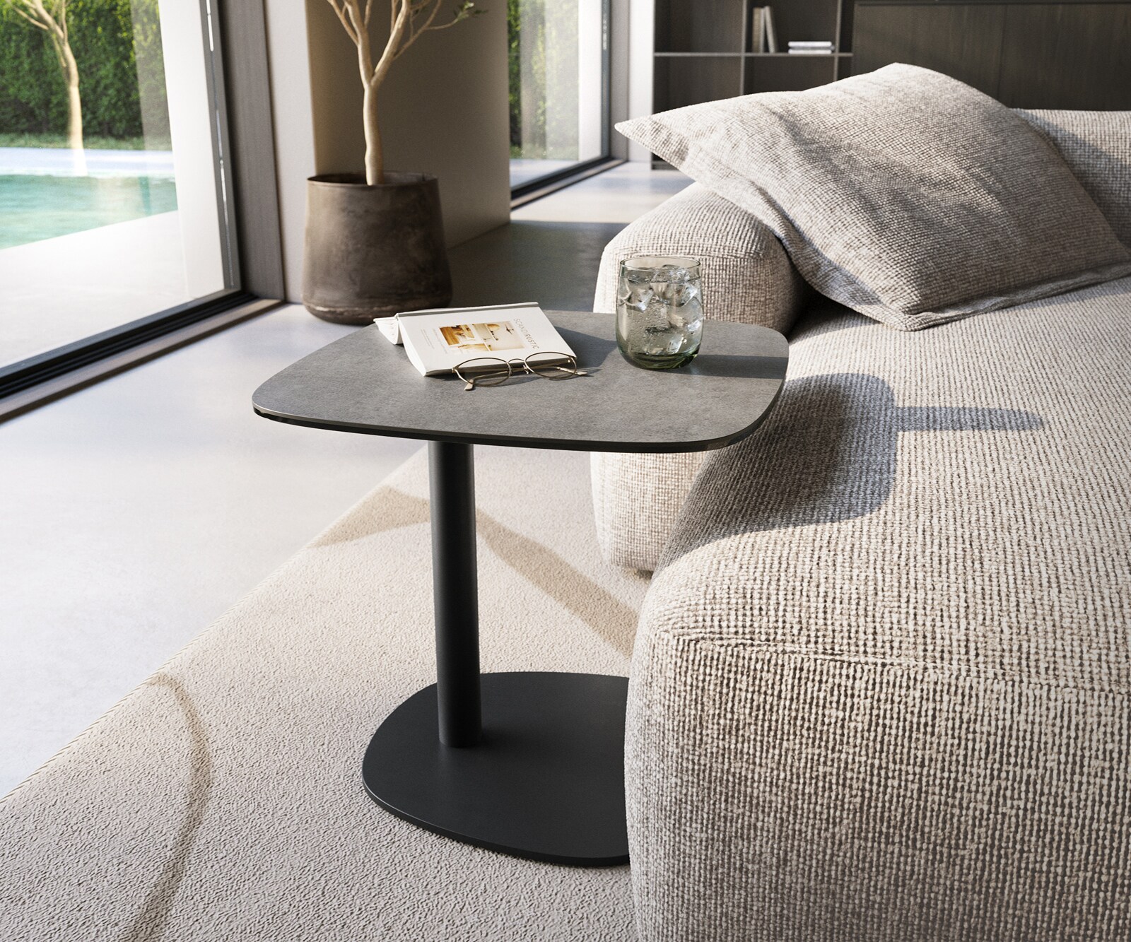 table d’appoint Edge forme bateau 50x50 cm céramique béton gris Eleny métal noir