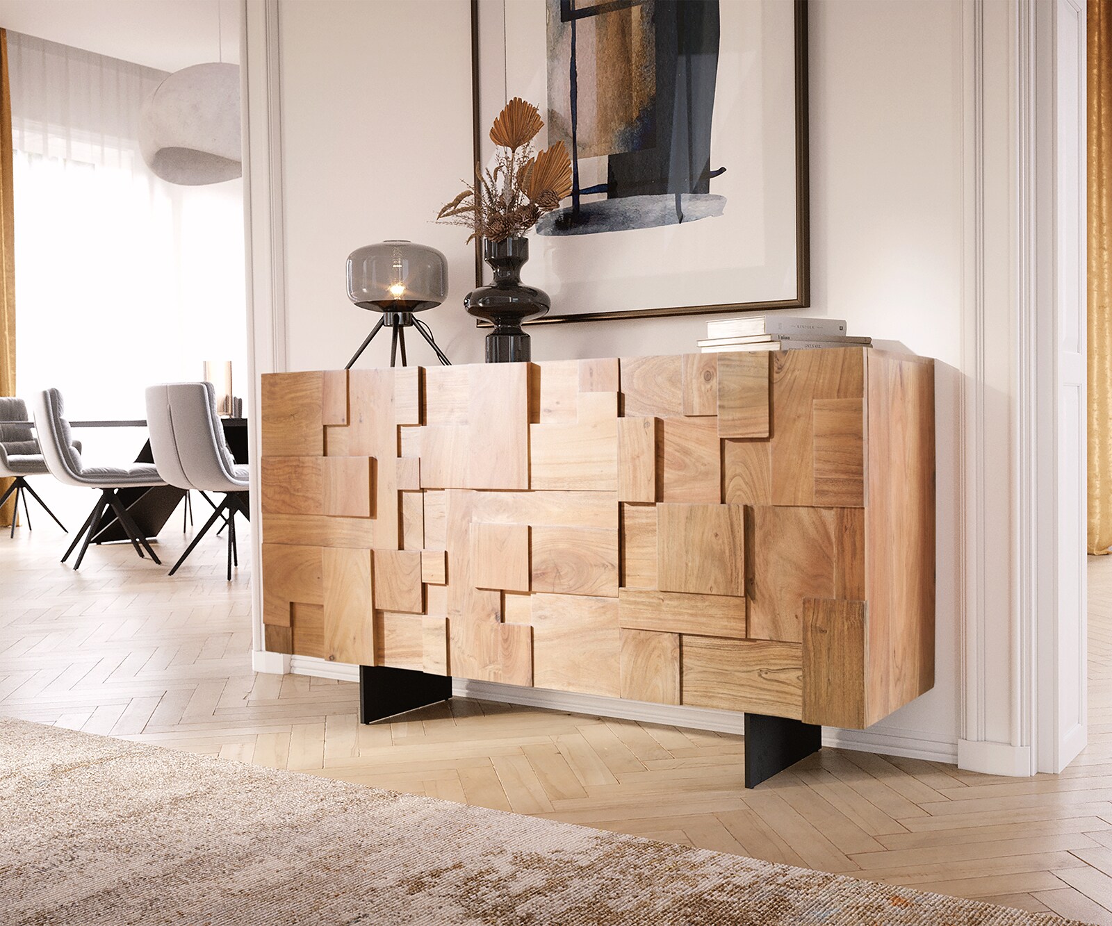 Sideboard Puzzle 145 cm Akazie Natur Fuß schwebend Metall schwarz Sideboard Puzzle 145 cm Akazie Natur Fuß schwebend Metall schwarz