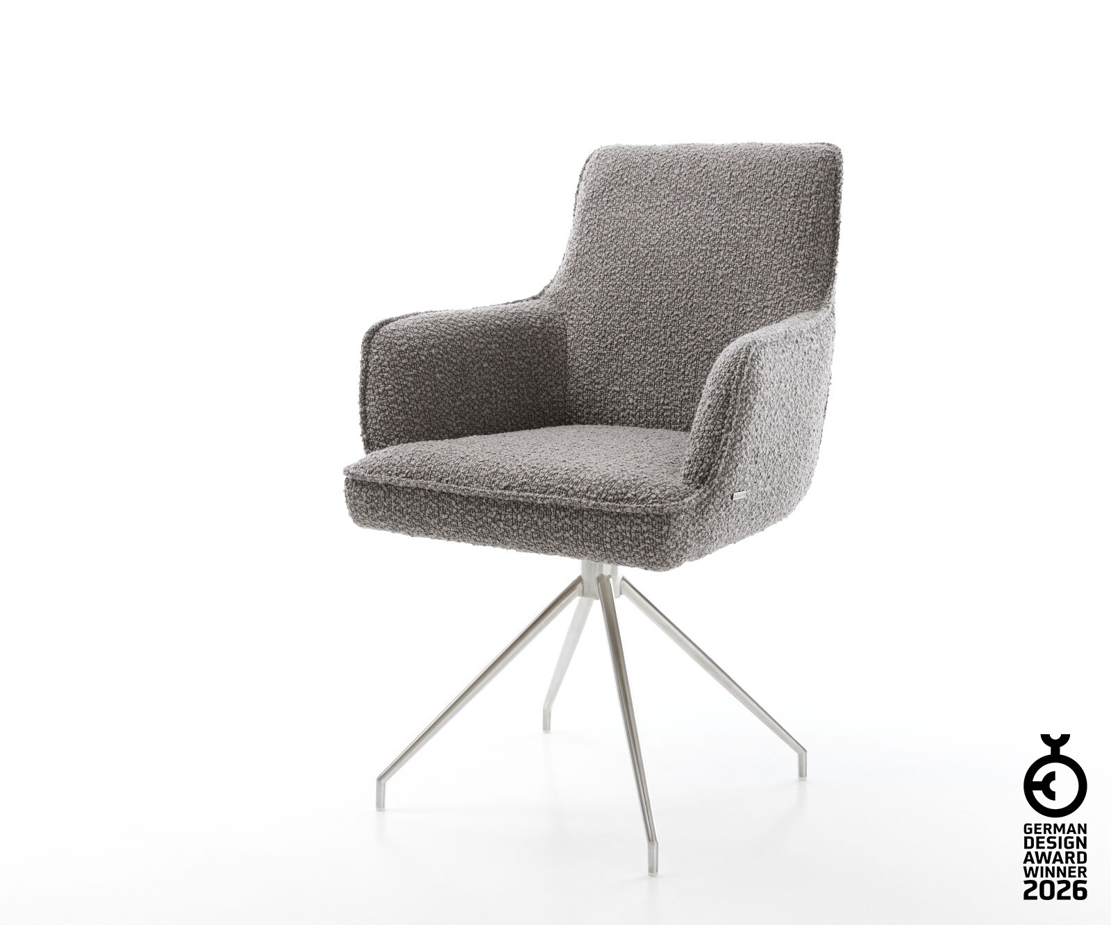 Chaise-pivotante Heira-Flex avec accoudoirs bouclé gris argenté pied croisé conique acier inoxydable brossé pivotement sur 180° ressorts ensachés