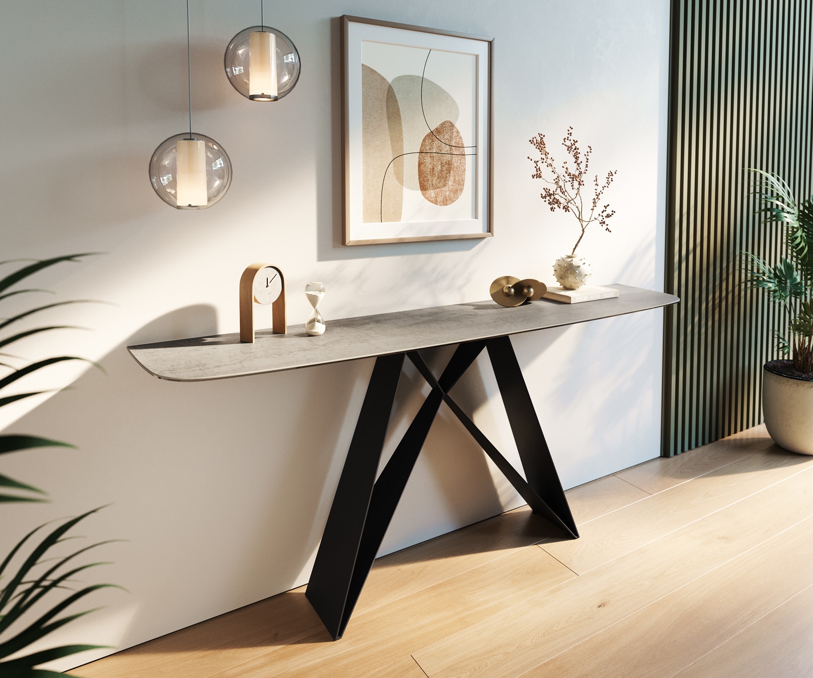 Console Edge forme bateau 180x40 cm Céramique Gris béton Conos Métal Noir 2