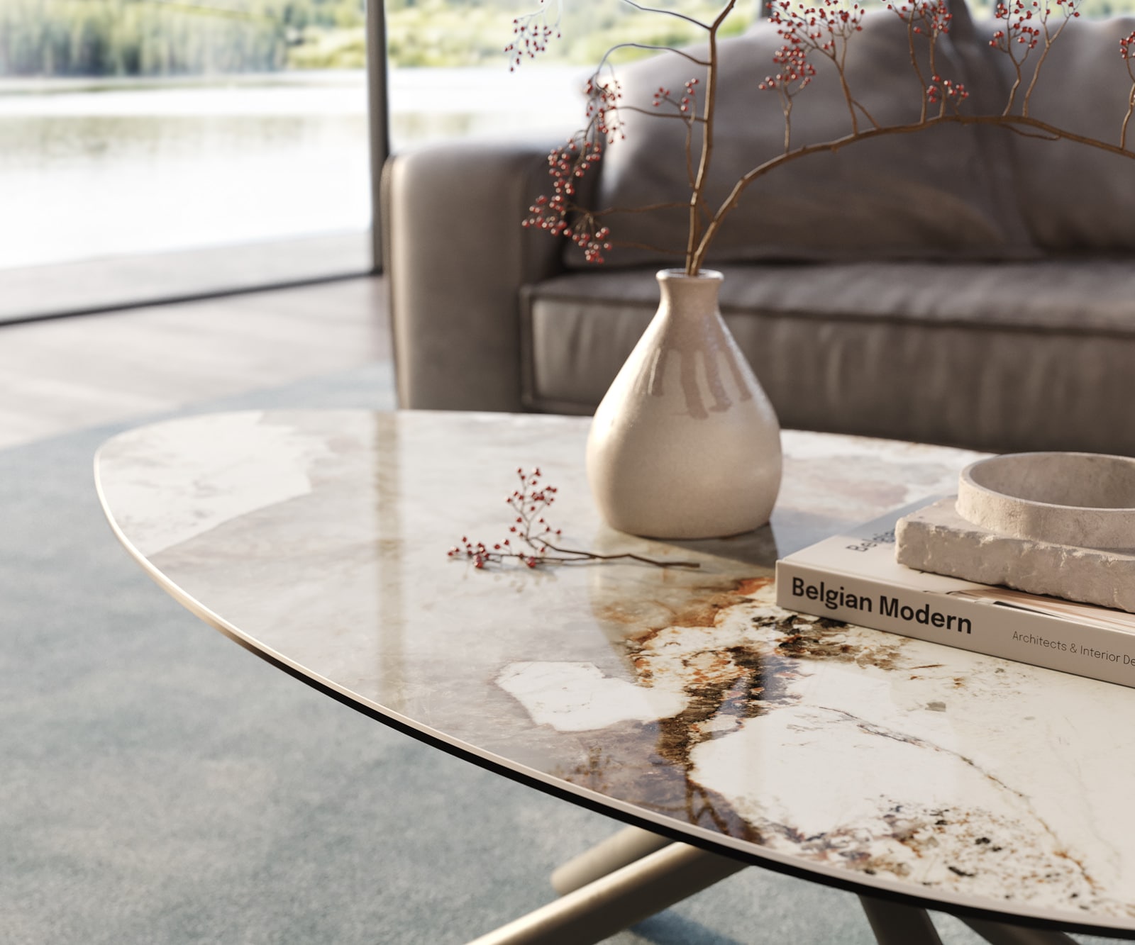 Couchtisch Edge Organisch 140x76 cm Keramik Minas Melange Sarity Metall Effektfinish Titan 6