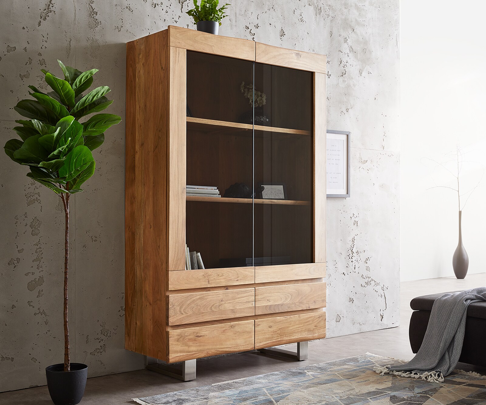 Vitrine Live-Edge 60x190 cm acacia naturel bordure de tronc d'arbre 1 porte 2 tiroirs massif 5