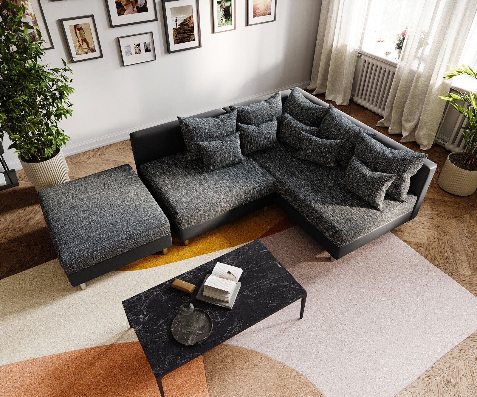Ecksofa Clovis Schwarz mit Hocker Ottomane Rechts Modular 3