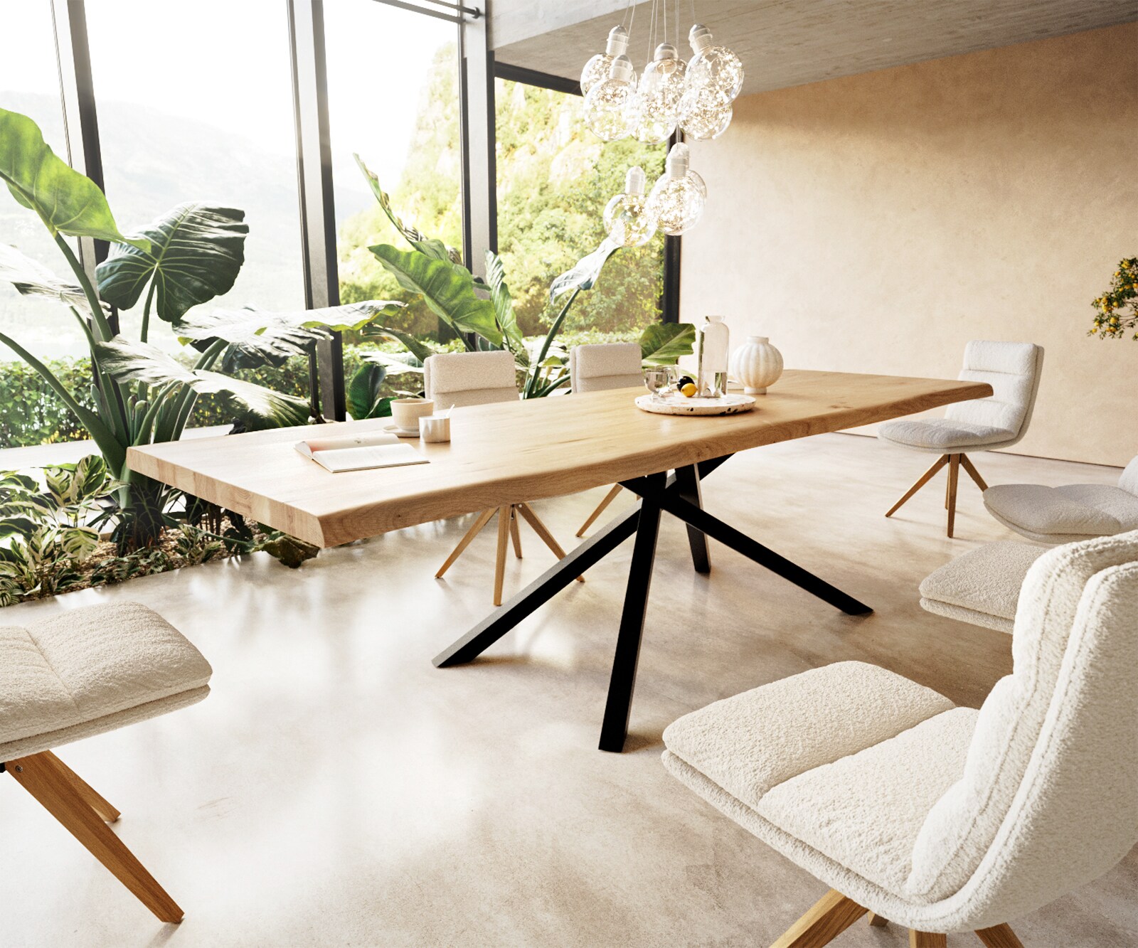 Esstisch Edge 300x100 Eiche Natur Kreuzgestell Rechteck Schwarz Live-Edge 1