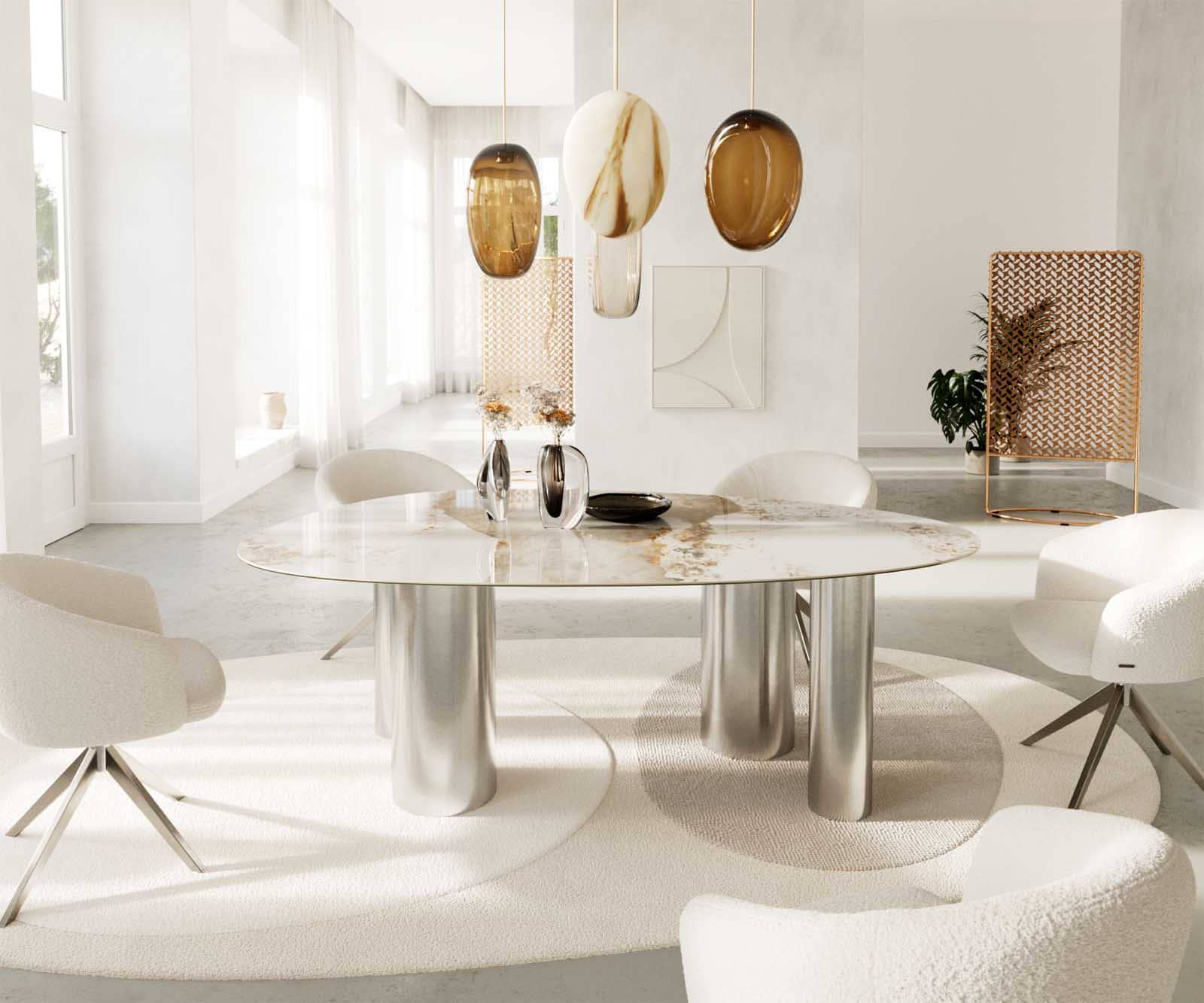 Esstisch Edge Oval 220x120 Keramik Minas Melange Weiß-Beige Pilier Edelstahl 1 Esstisch Edge Oval 220x120 Keramik Minas Melange Weiß-Beige Pilier Edelstahl 1