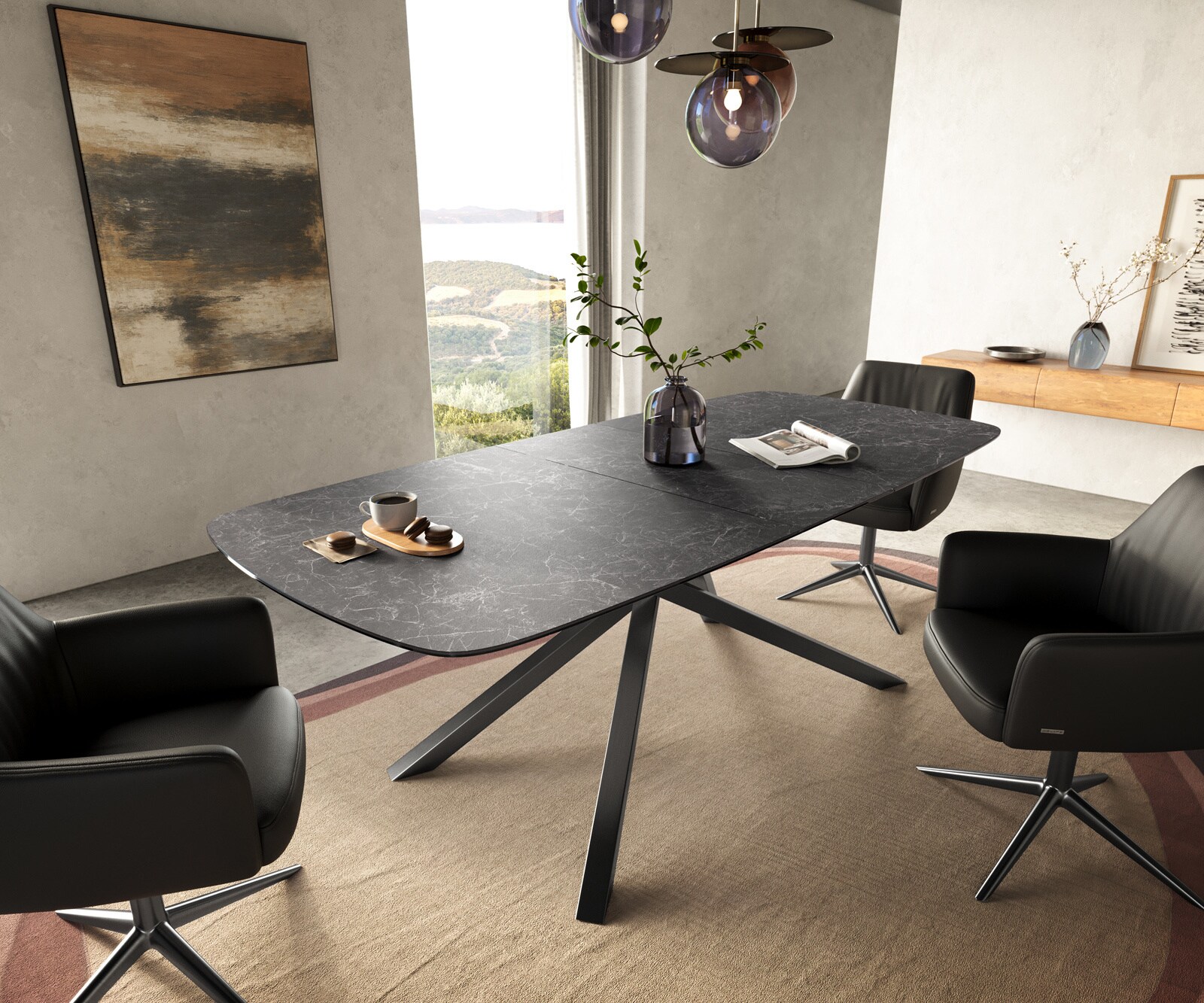 Esstisch Edge Boot 180-220x100 cm Keramik Laminam® Nero Greco Anthrazit Kreuzgestell Rechteck Edelstahl Graphit ausziehbar