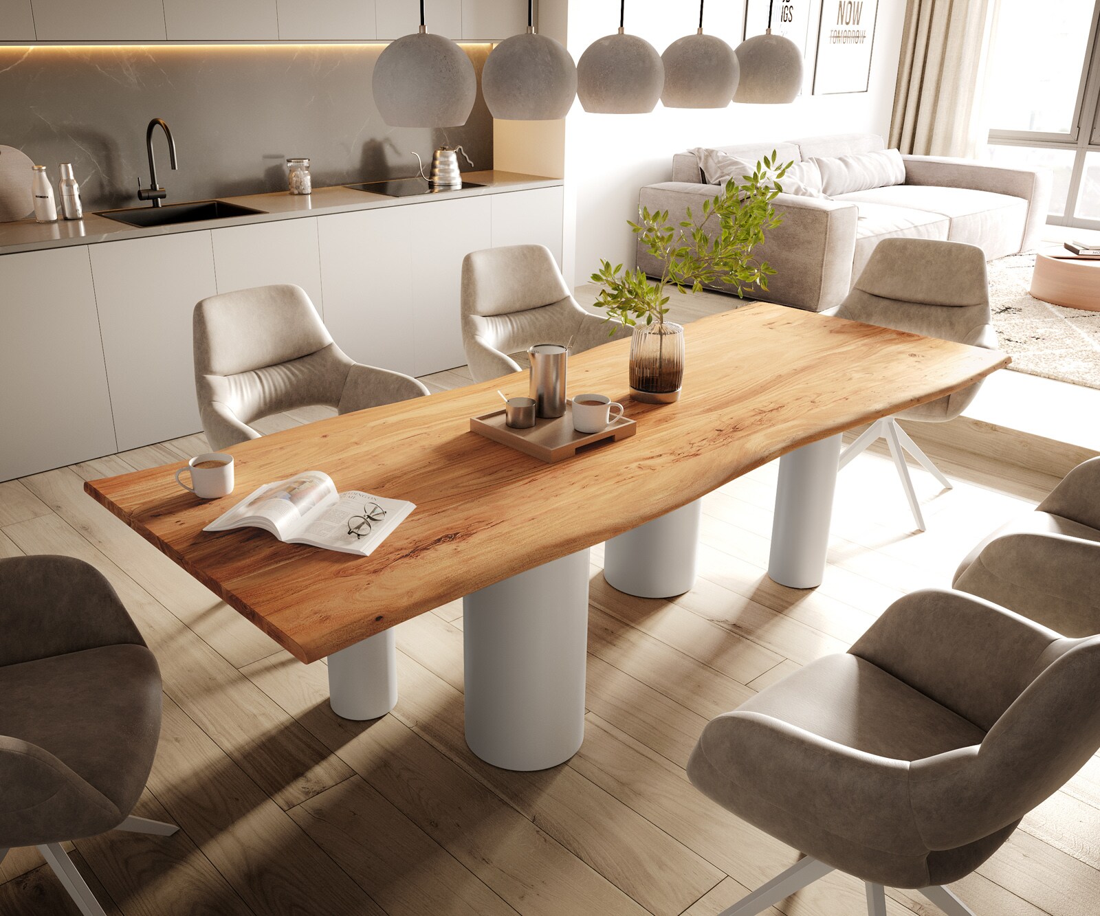 Table à manger Edge 260x100 Acacia Nature Pilier Métal Blanc Live-Edge