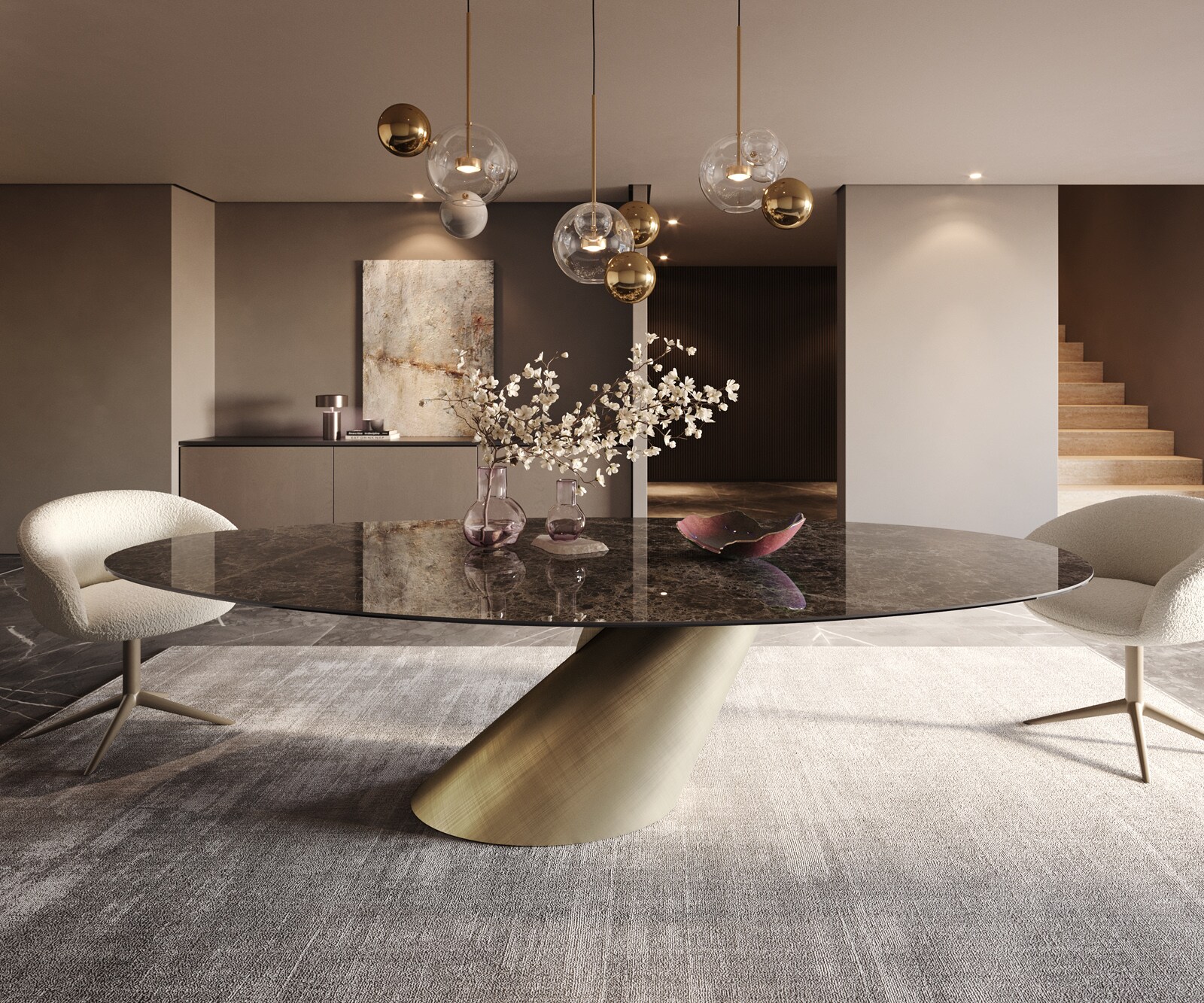 Table de salle à manger Edge Ovale Céramique Emperador Extra Lucidato Brun foncé 280x130 Cono Métallique Or 1
