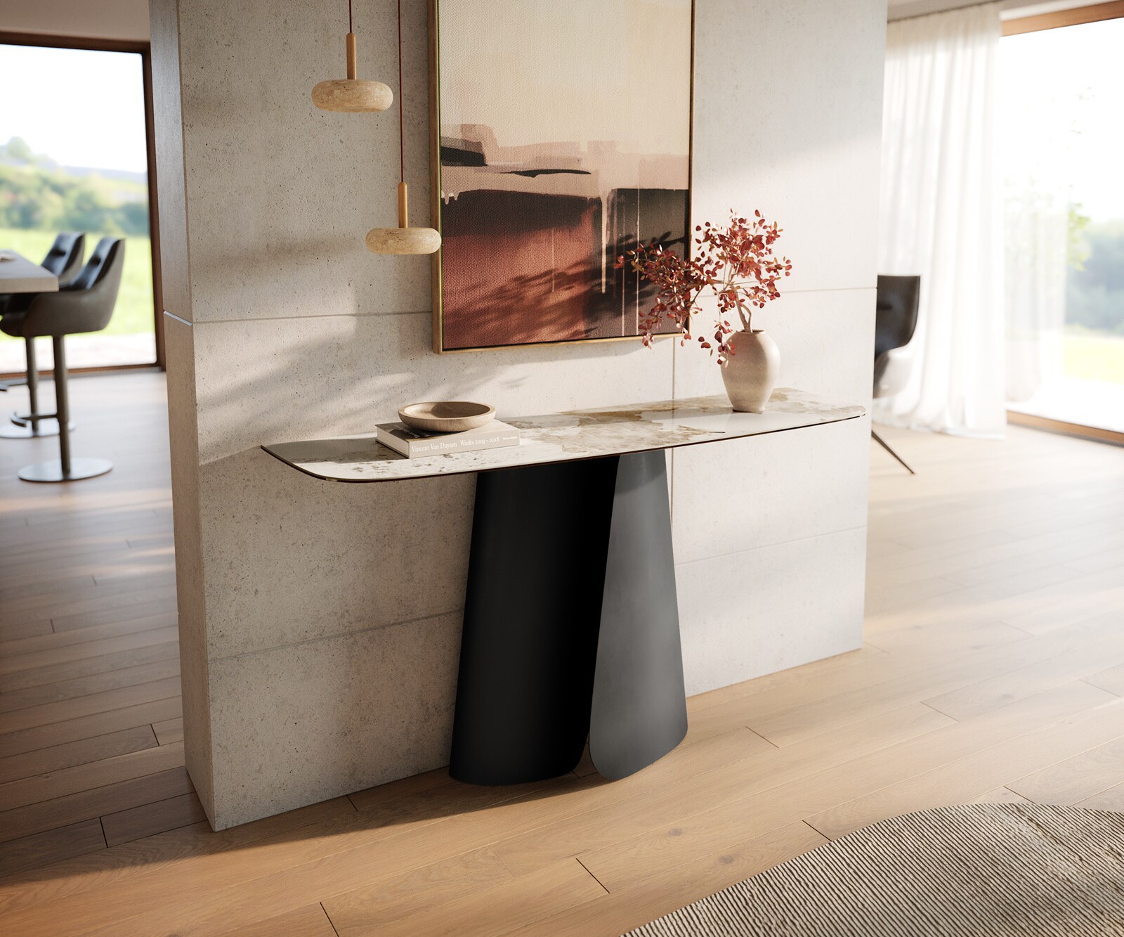 Console Edge forme bateau 140x40 cm Céramique Minas Melange Weiß-Beige Livos Métal Noir 1