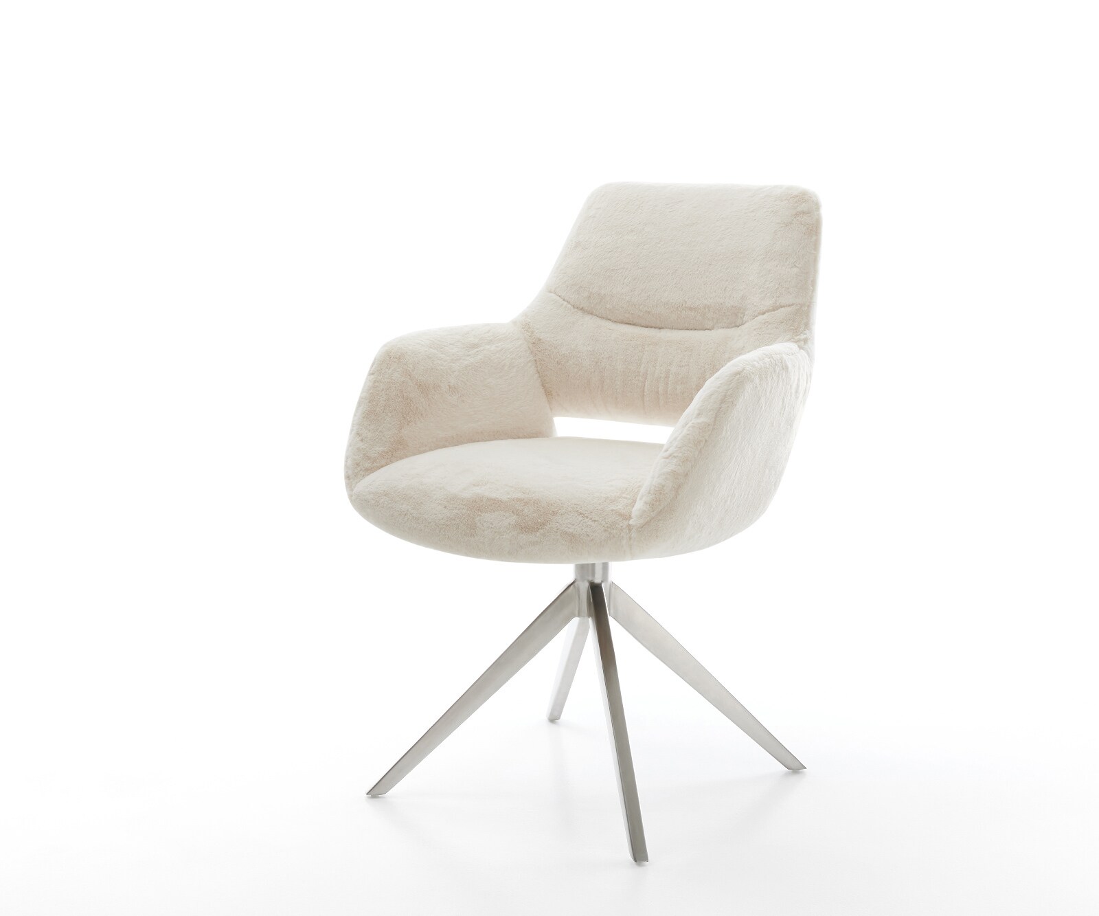 Chaise-pivotante Yago-Flex avec accoudoirs peluche crème-blanc pied croisé large acier inoxydable pivotement sur 360° fonction bascule resorts ensachés