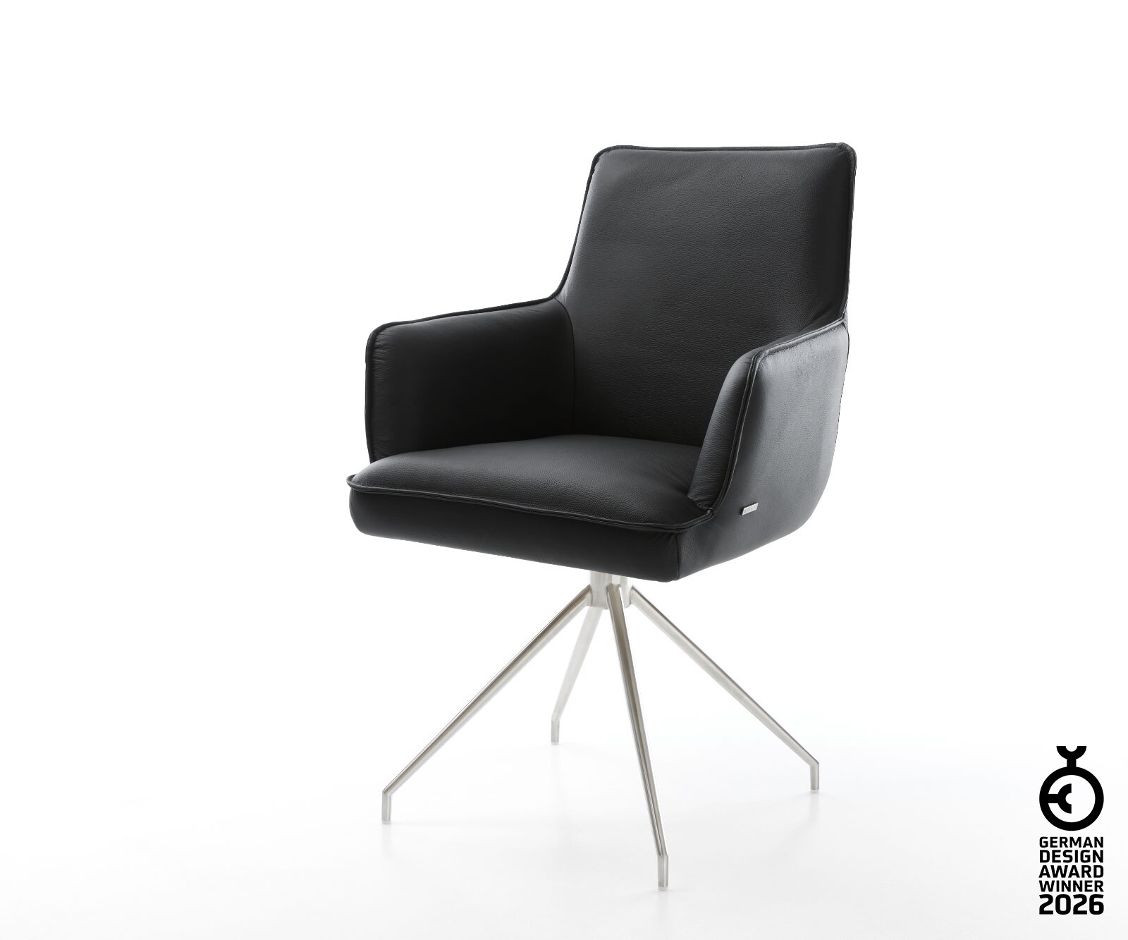 Chaise-pivotante Heira-Flex avec accoudoirs cuir de vache noir pied croisé conique acier inoxydable brossé pivotement sur 180° ressorts ensachés