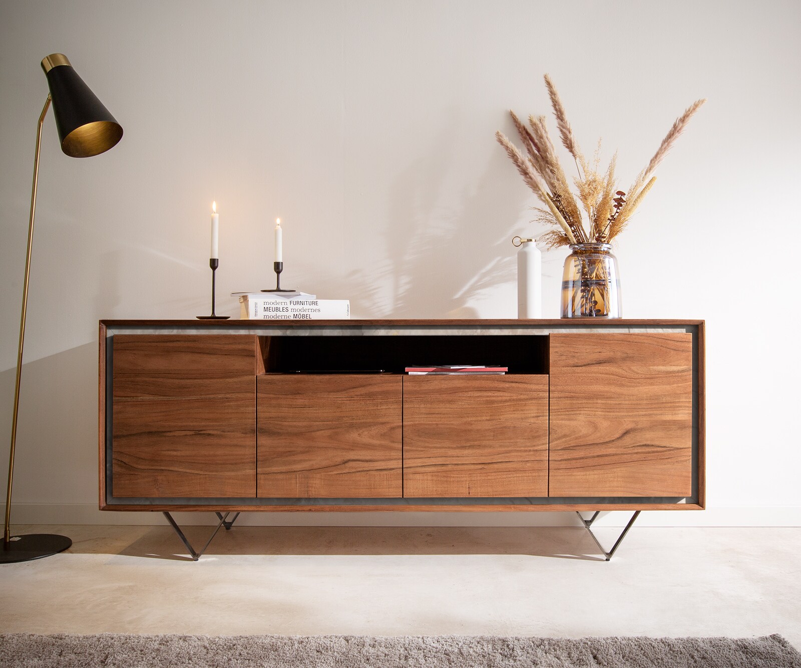 Sideboard Stonegrace 175 cm Akazie Braun Steinfurnier 4 Türen 1 Fach V-Fuß Schwarz 1