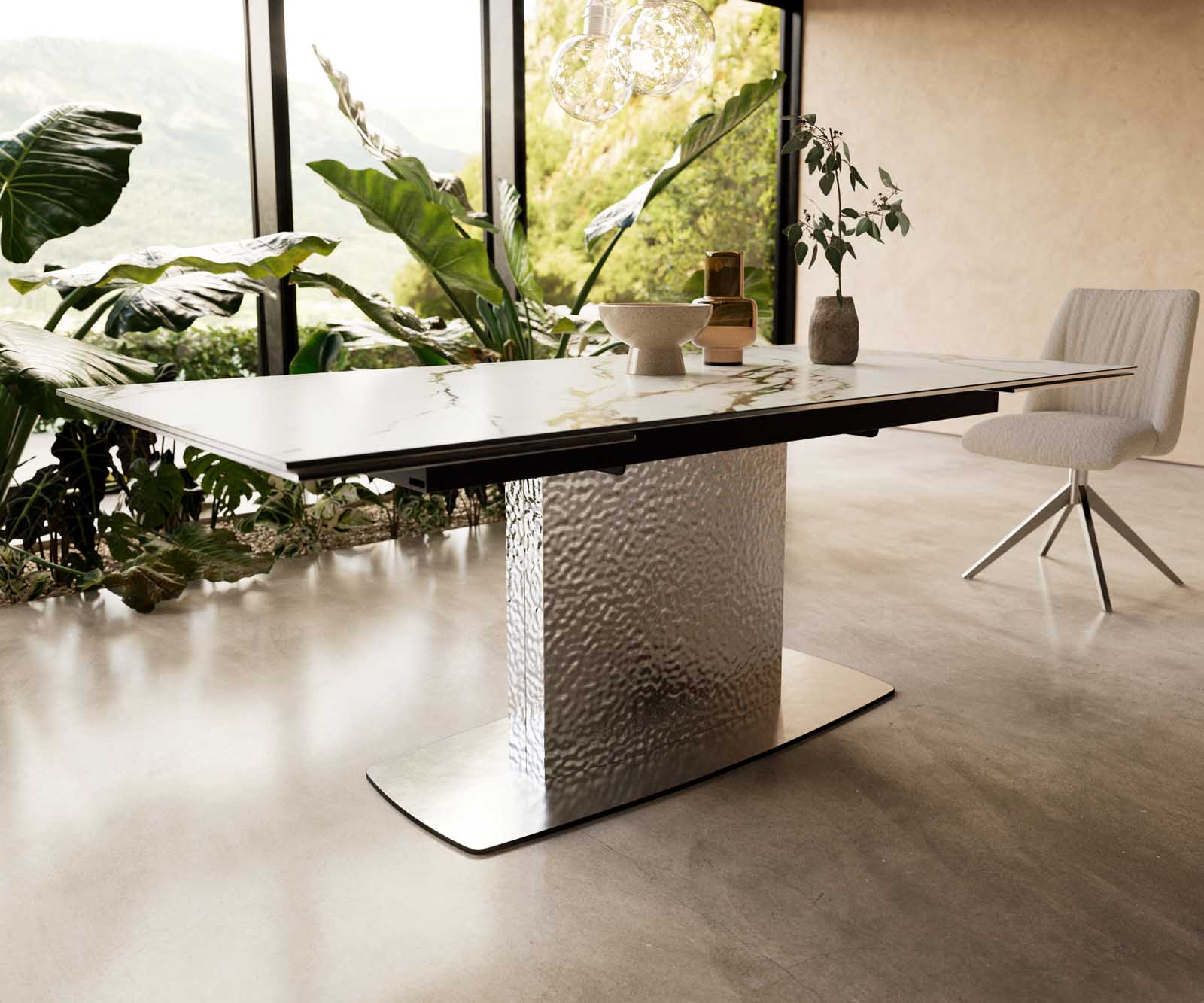 Esstisch Edge 200-300x100 Keramik Calacatta Luxe Weiß-Gold-Grau Wave Edelstahl ausziehbar 6