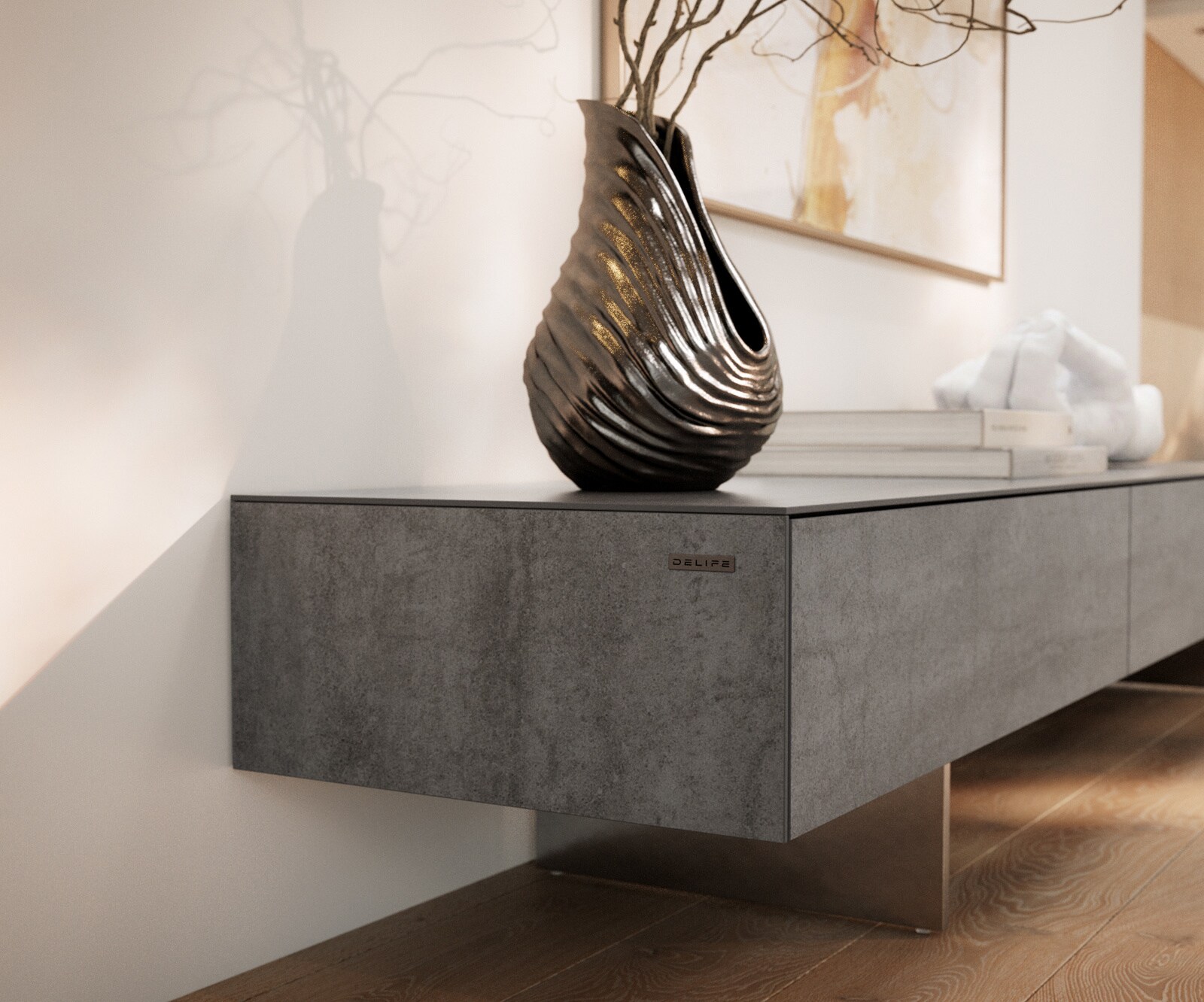 Meuble-TV Cuor 200 cm Céramique Béton gris 1 Clapet 1 Tiroir Pied optique flottant Ancier inoxydable 6