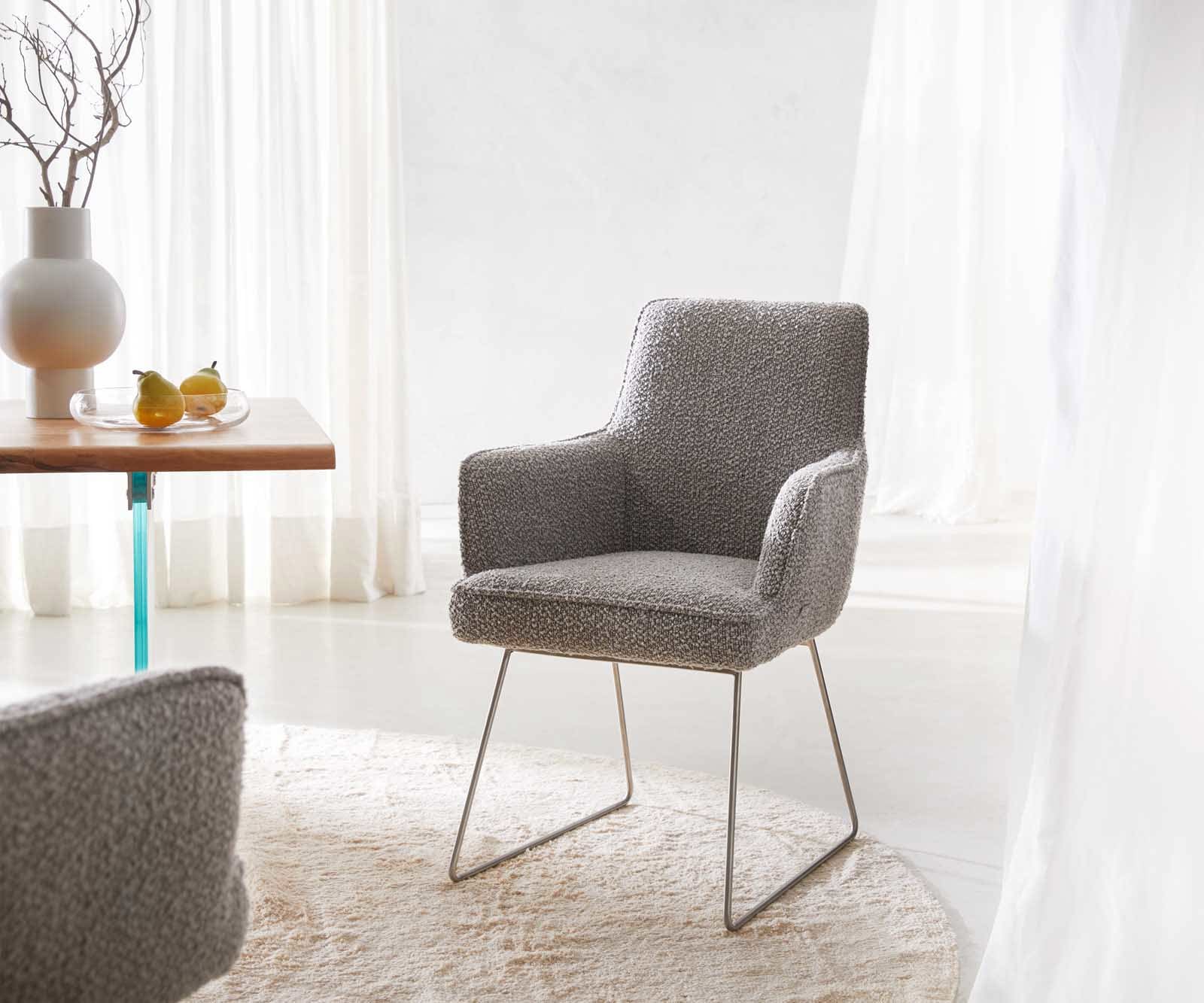 Esszimmerstuhl Heira-Flex mit Armlehnen Bouclé Silbergrau Kufengestell Edelstahl Taschenfederkern Esszimmerstuhl Heira-Flex mit Armlehnen Bouclé Silbergrau Kufengestell Edelstahl Taschenfederkern