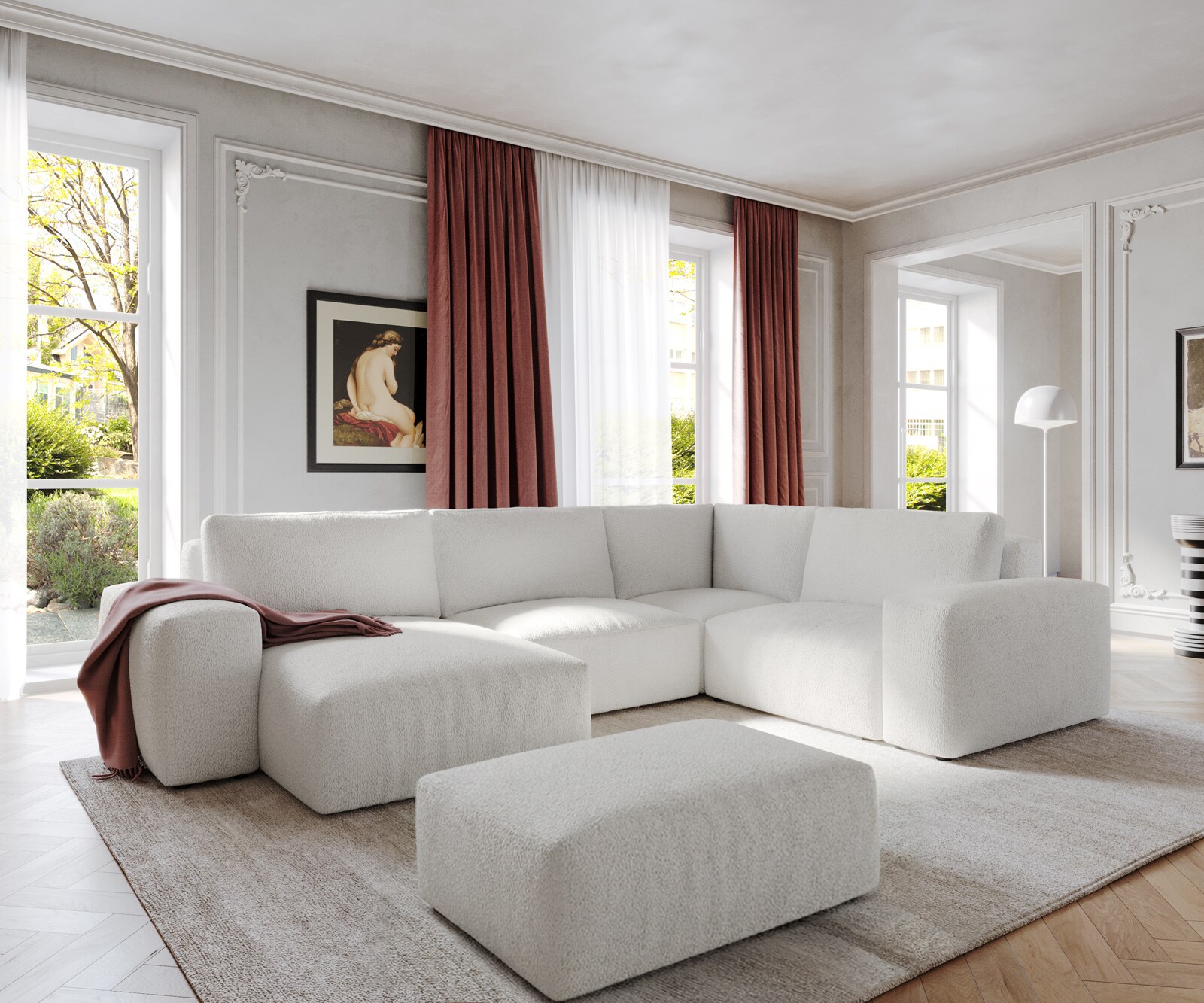 Wohnlandschaft Lanzo 300x210 cm Bouclé Creme-Weiß Recamiere variabel mit Hocker