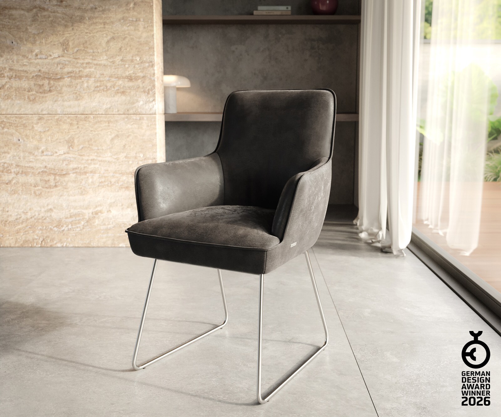 Chaise-de-salle-à-manger Heira-Flex avec accoudoirs microvelours anthracite vintage pied trapèze acier inoxydable brossé ressorts ensachés