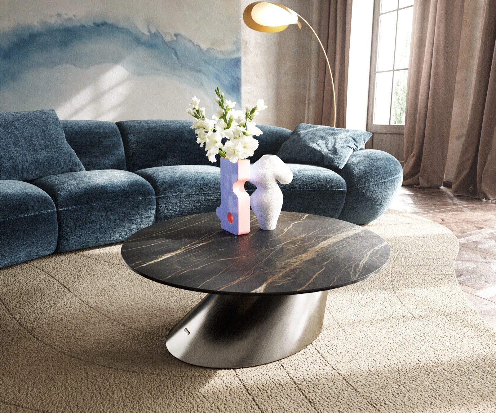 Table basse Edge rond 90x90 cm céramique Laminam® Noir Desir brun Parabi acier inoxydable brossé 5