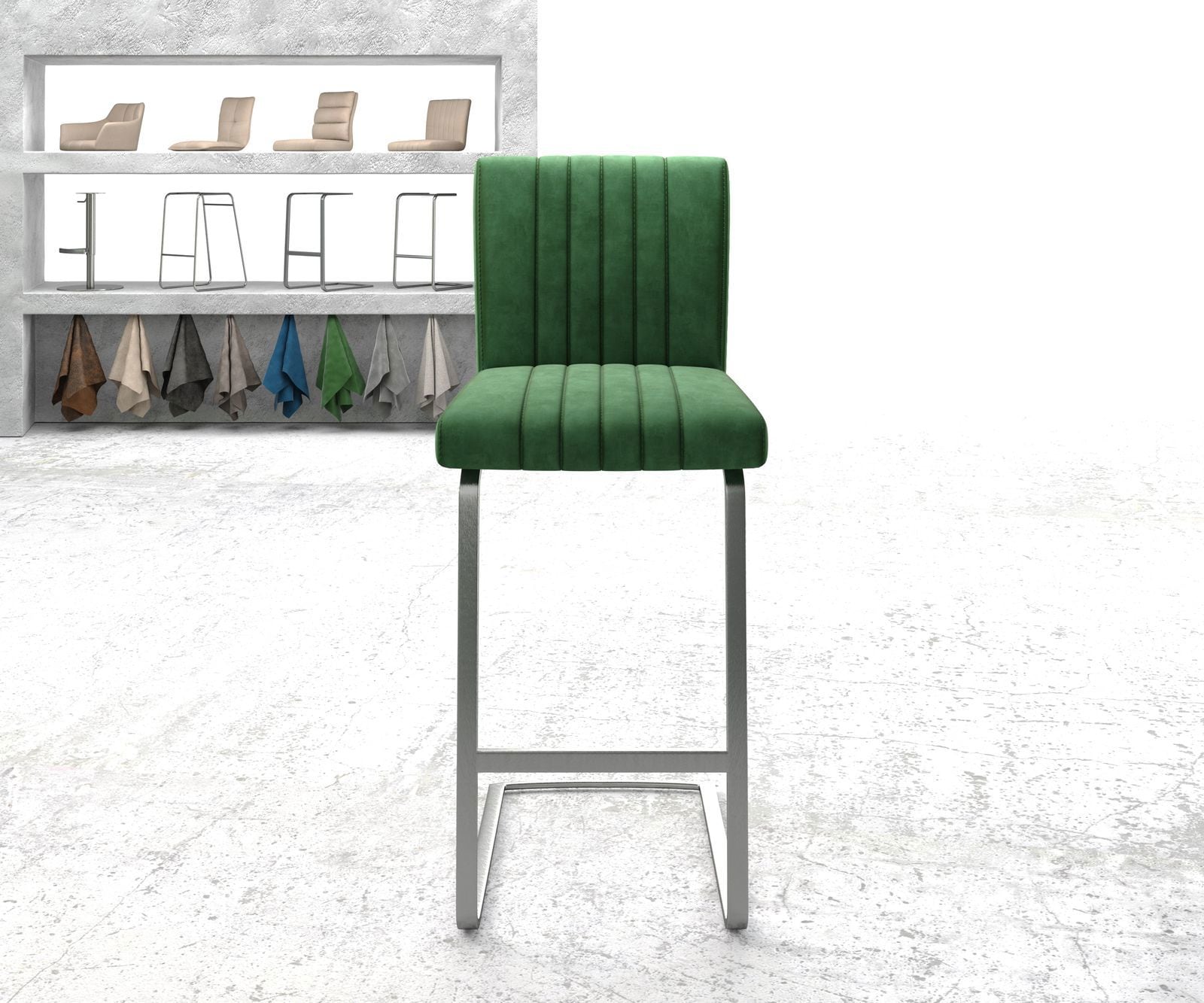 Barstuhl Luiga-Flex Samt Grün Freischwinger flach Edelstahl 1 Barstuhl Luiga-Flex Samt Grün Freischwinger flach Edelstahl 1