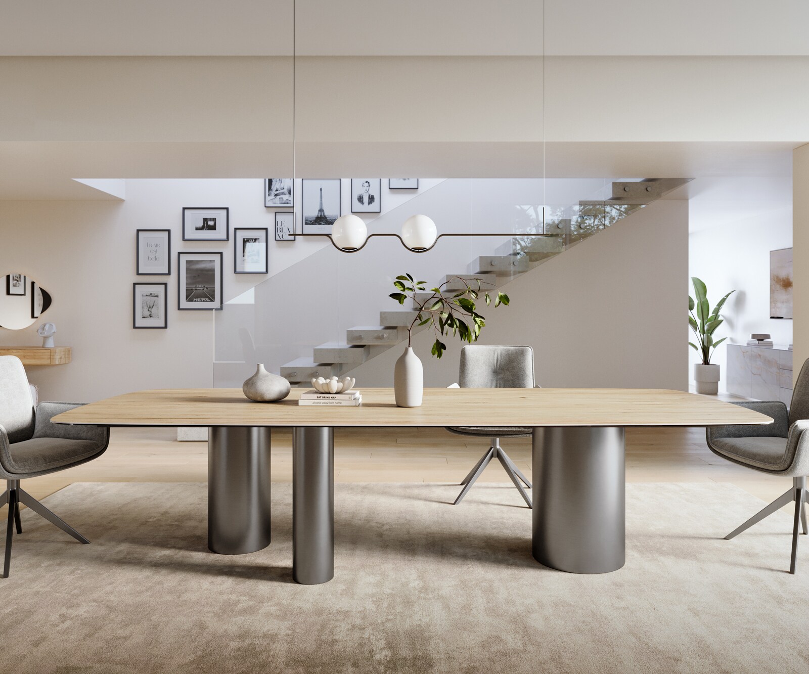 Esstisch Edge Boot 300x120 cm Keramik Laminam® Sabbia Eichefarbig Troa Edelstahl Graphit 1