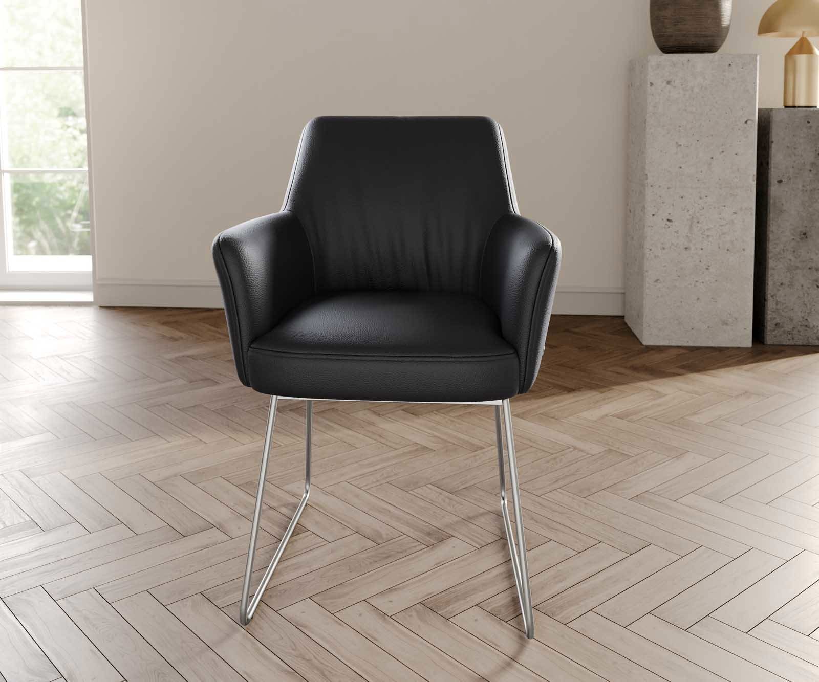 Esszimmerstuhl Xana-Flex mit Armlehnen Echt-Leder Schwarz Kufengestell Edelstahl Taschenfederkern 1 Esszimmerstuhl Xana-Flex mit Armlehnen Echt-Leder Schwarz Kufengestell Edelstahl Taschenfederkern 1