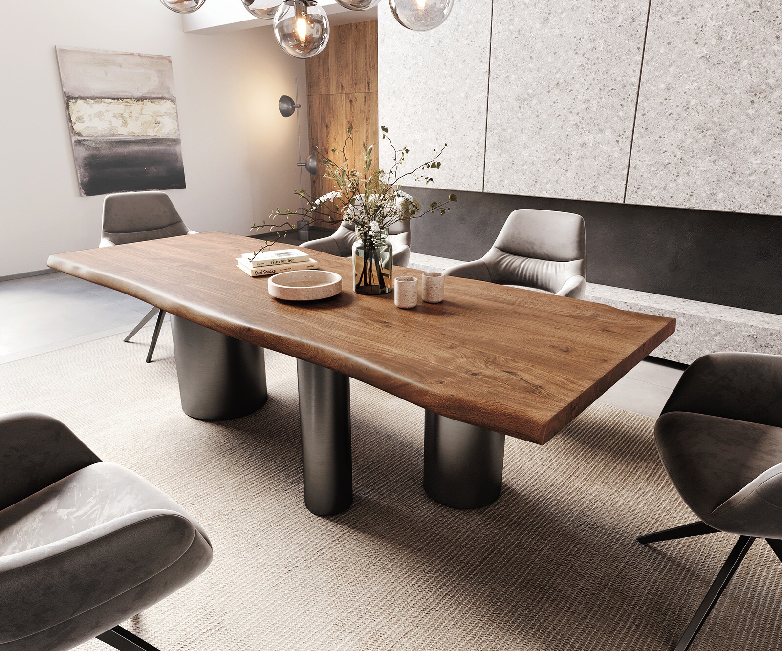 Table à manger Edge 260x100 XL Acacia Marron Troa Acier inoxydable Graphite Live-Edge