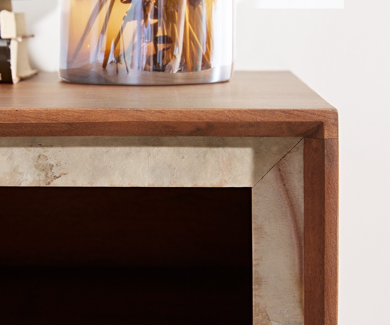 Buffet-Haut Stonegrace 60x180 cm acacia marron plaqué pierre 1 porte 2 tiroirs pied en V noir 3