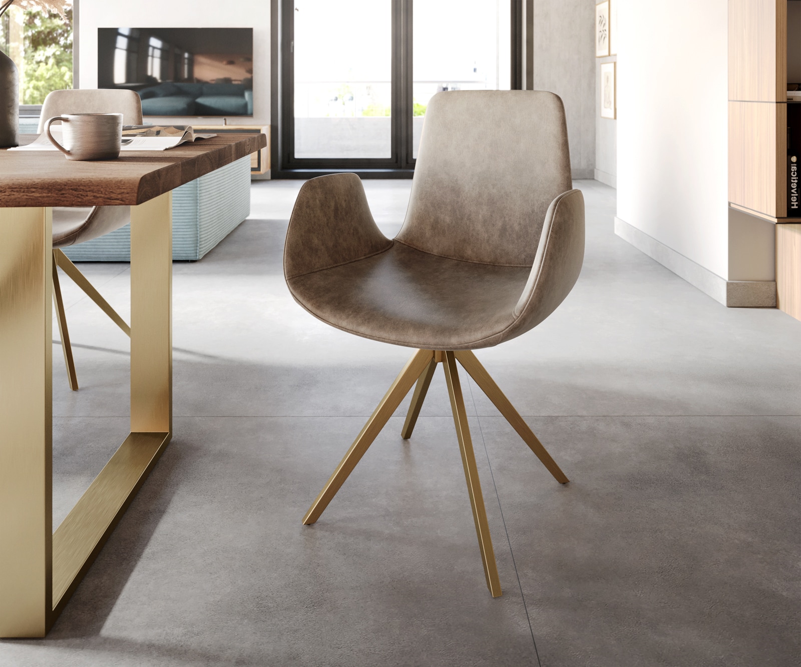Drehstuhl Ilia-Flex mit Armlehnen Taupe Vintage Kreuzgestell kantig Gold 180° drehbar