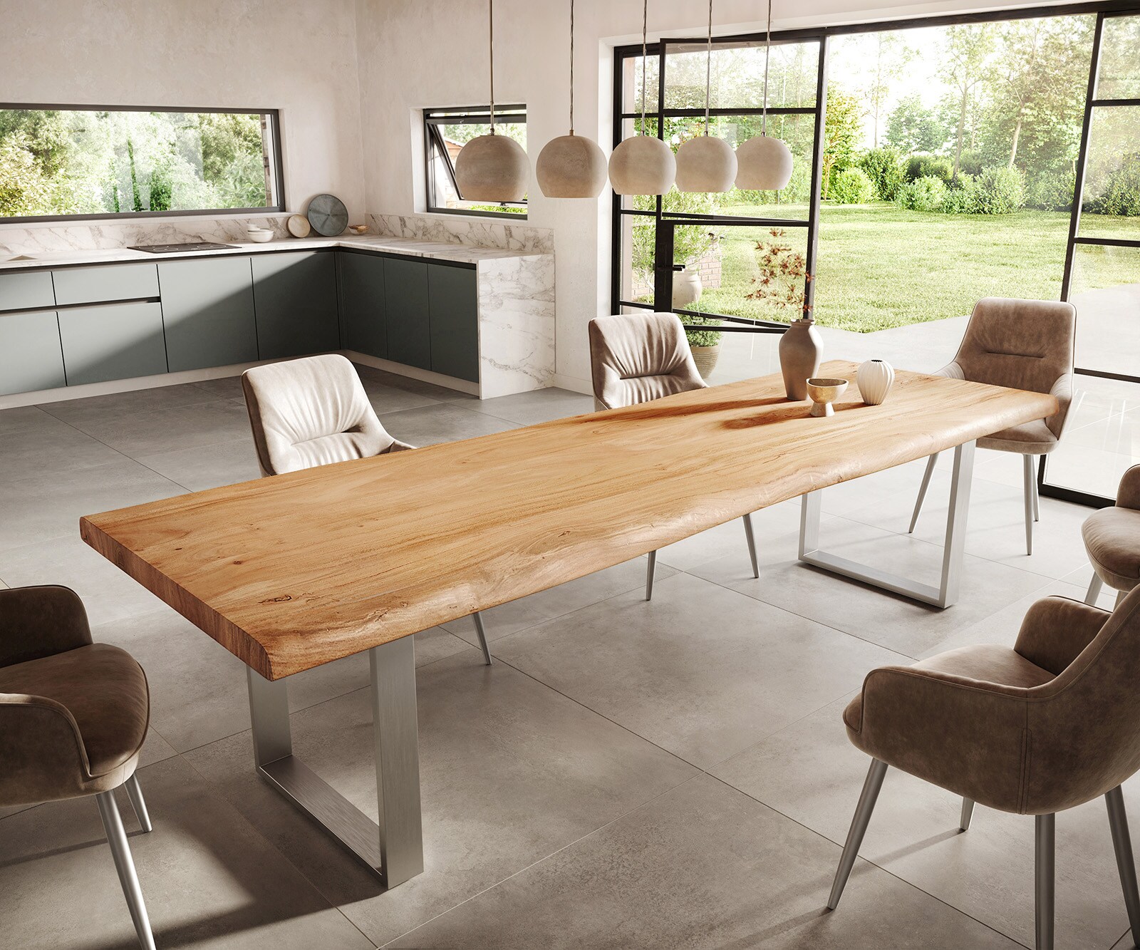 Table-à-manger Edge 300x100 XL acacia nature acier inoxydable mince Live-Edge Table-à-manger Edge 300x100 XL acacia nature acier inoxydable mince Live-Edge