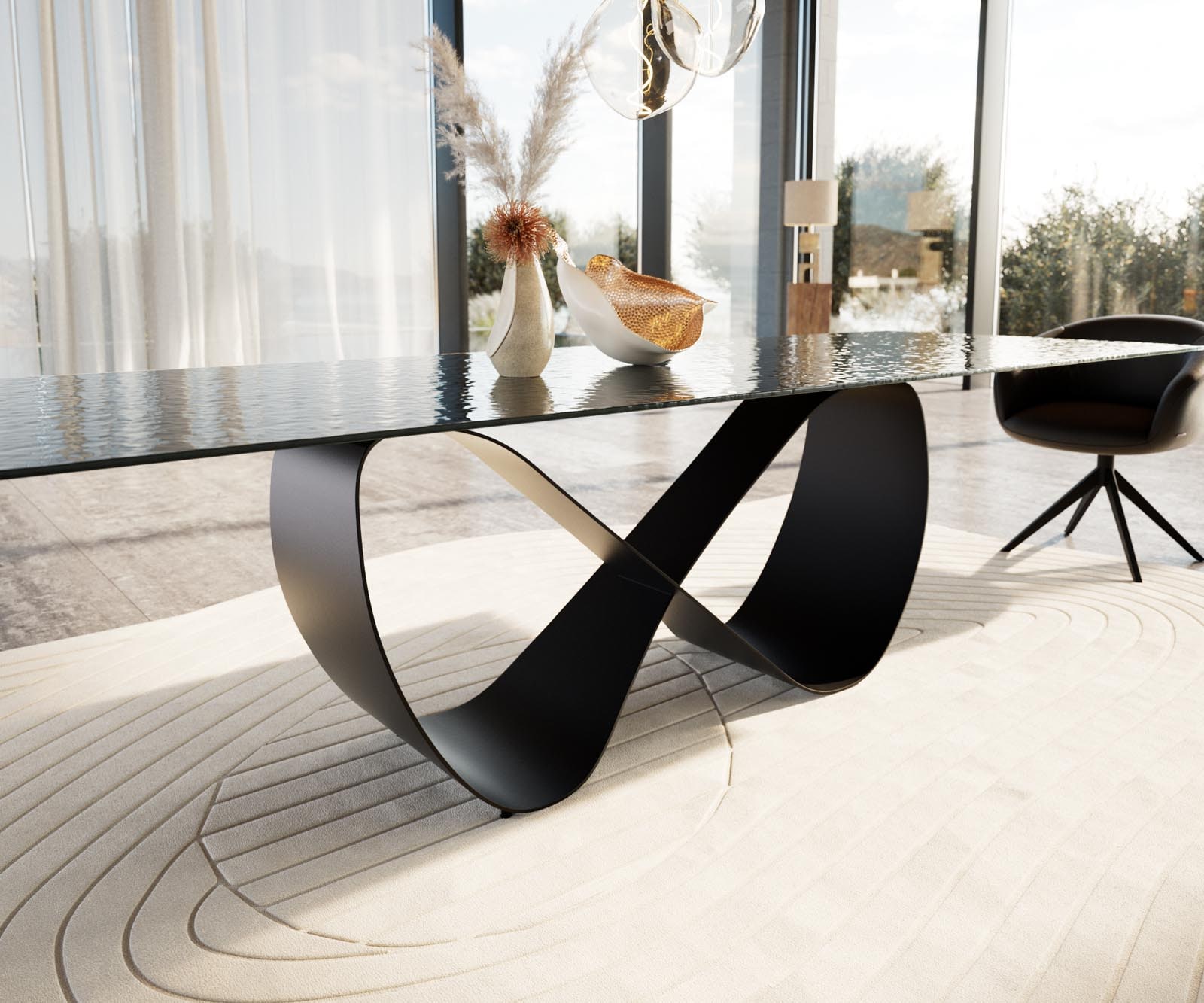 Esstisch Edge 300x100 Reliefglas Rauchschwarz 3D-Design Infinity Metall Schwarz 4 Esstisch Edge 300x100 Reliefglas Rauchschwarz 3D-Design Infinity Metall Schwarz 4