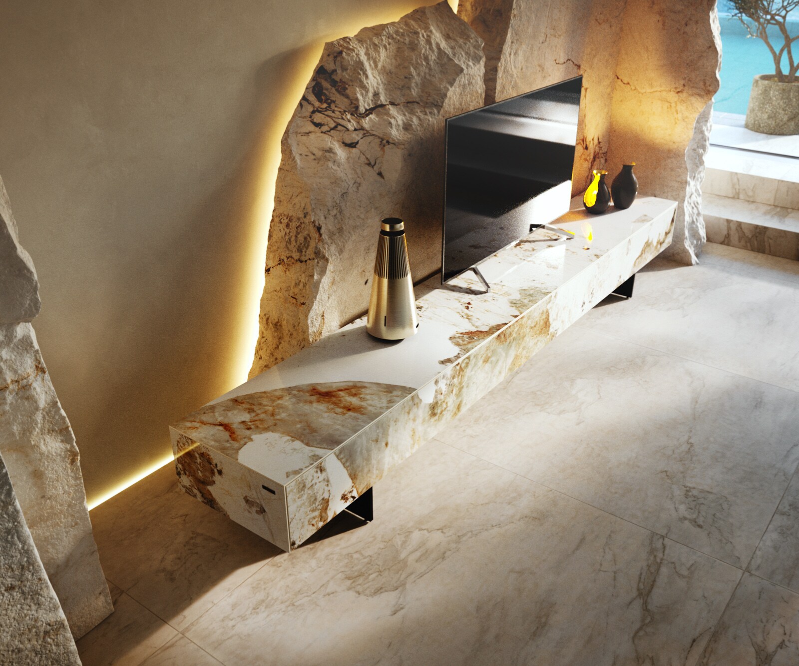 Meuble-TV Cuor 250 cm Céramique Minas Melange Blanc-beige 1 Clapet 1 Tiroir Pied optique flottant Métal Noir 4