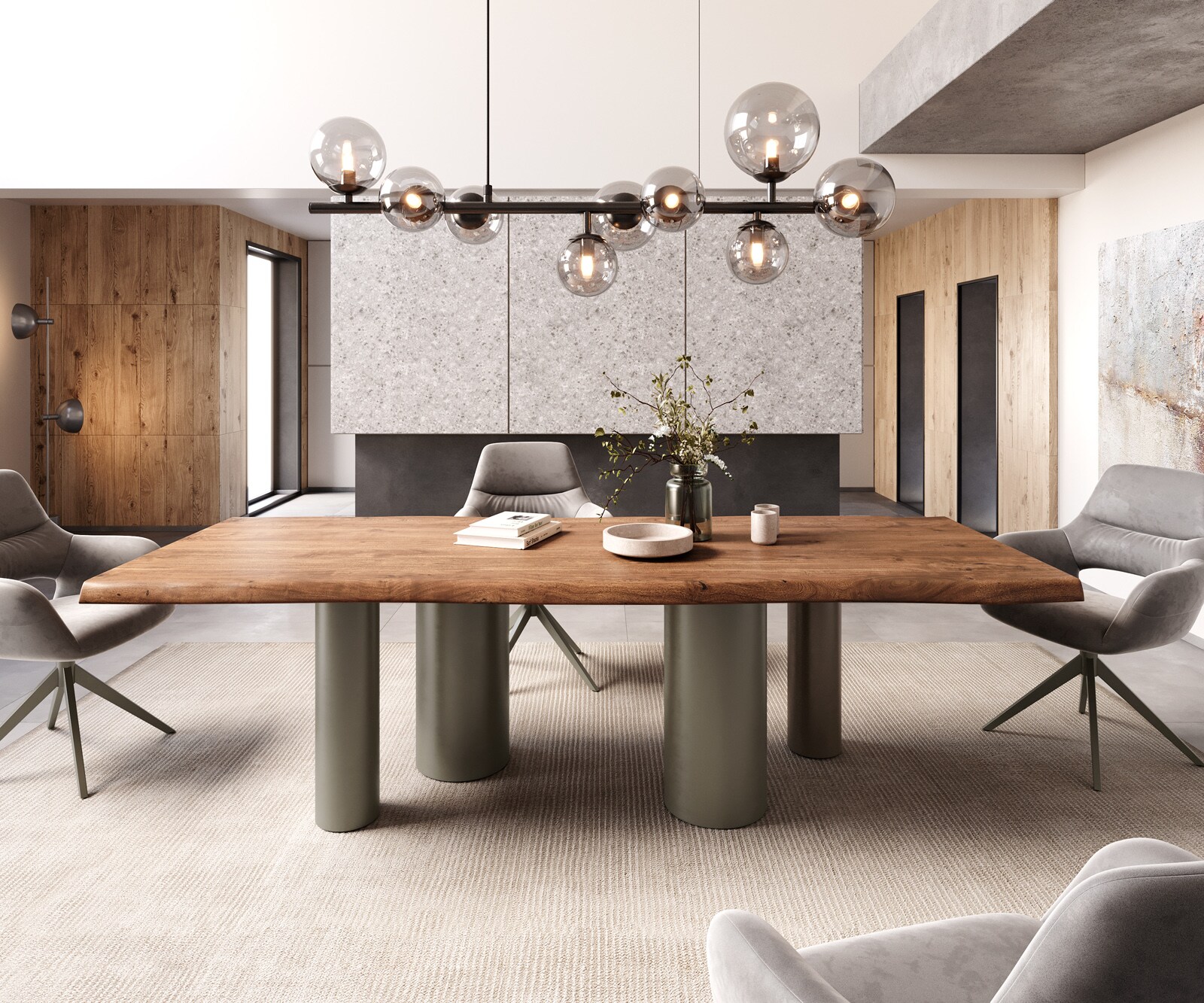 Table à manger Edge 260x100 XL Acacia Marron Pilier Métal finition à effet Titane Live-Edge 1