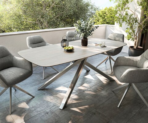Outdoortisch Edge Boot 200x100 cm Keramik Laminam® Travertino Bianco Creme-Weiß Kreuzgestell Rechteck Edelstahl