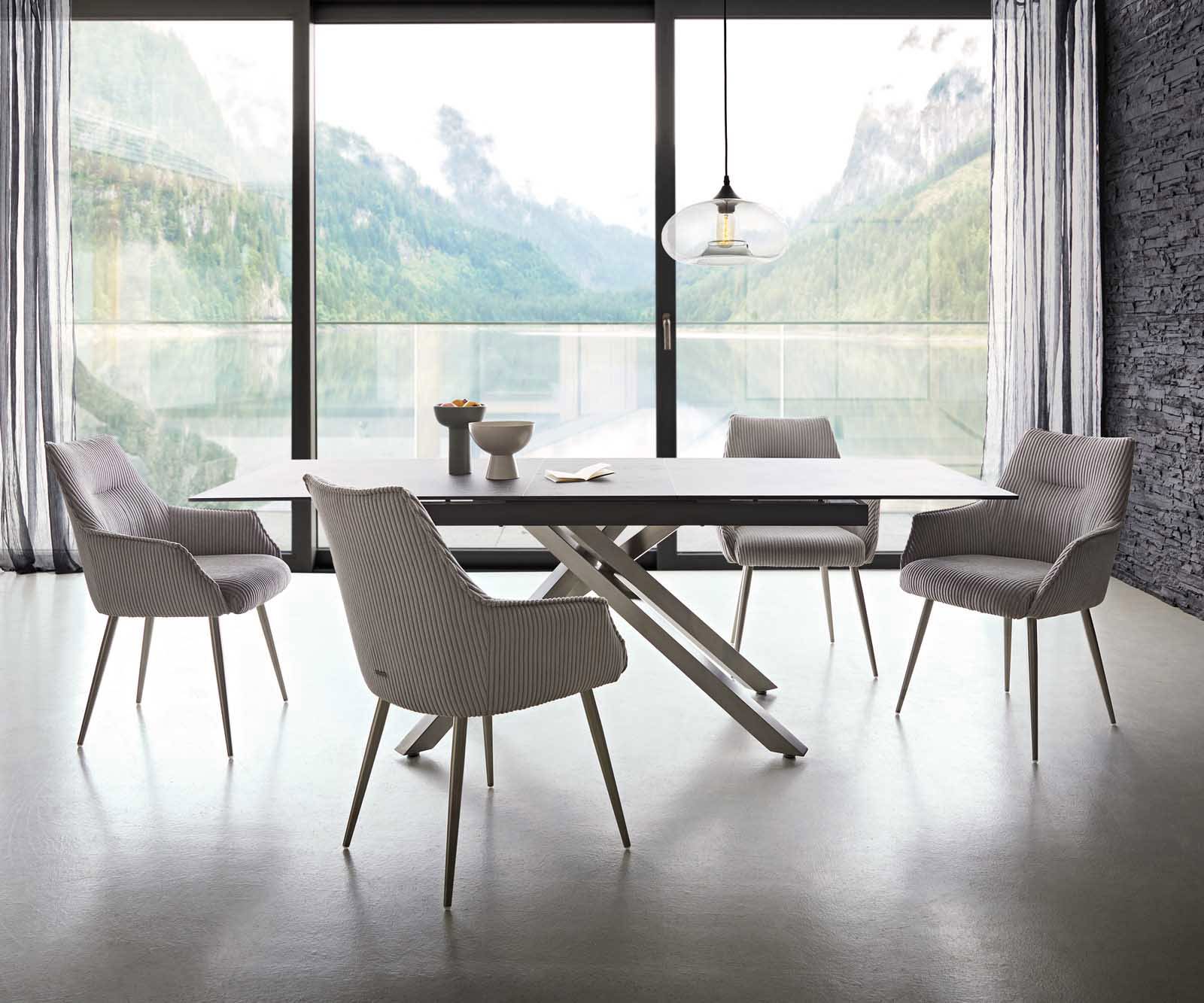 Esszimmerstuhl Alja-Flex mit Armlehnen Cord Silbergrau 4-Fuß konisch Edelstahl Taschenfederkern 3 Esszimmerstuhl Alja-Flex mit Armlehnen Cord Silbergrau 4-Fuß konisch Edelstahl Taschenfederkern 3