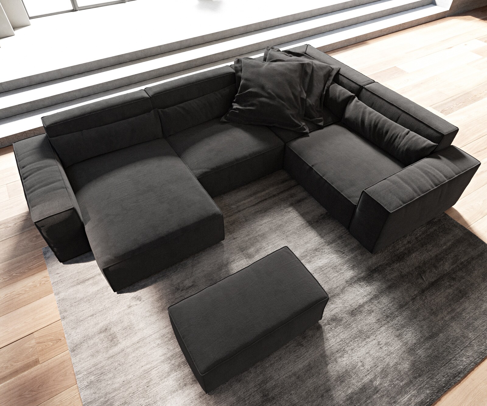 Wohnlandschaft Sirpio 300x200 cm Mikrofaser Schwarz Recamiere variabel mit Hocker 3