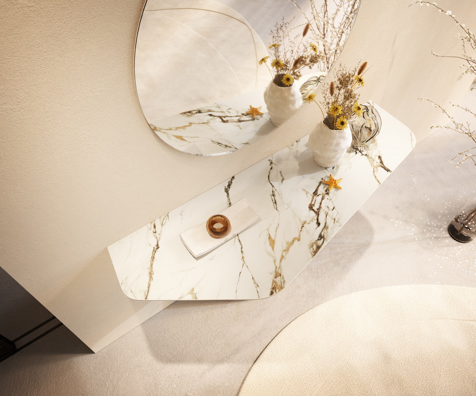 Console Edge Polygonal 140x50 cm Céramique Calacatta Luxe Weiß-Gold-Gris Zentharo Métal Effektfinish Titan 2